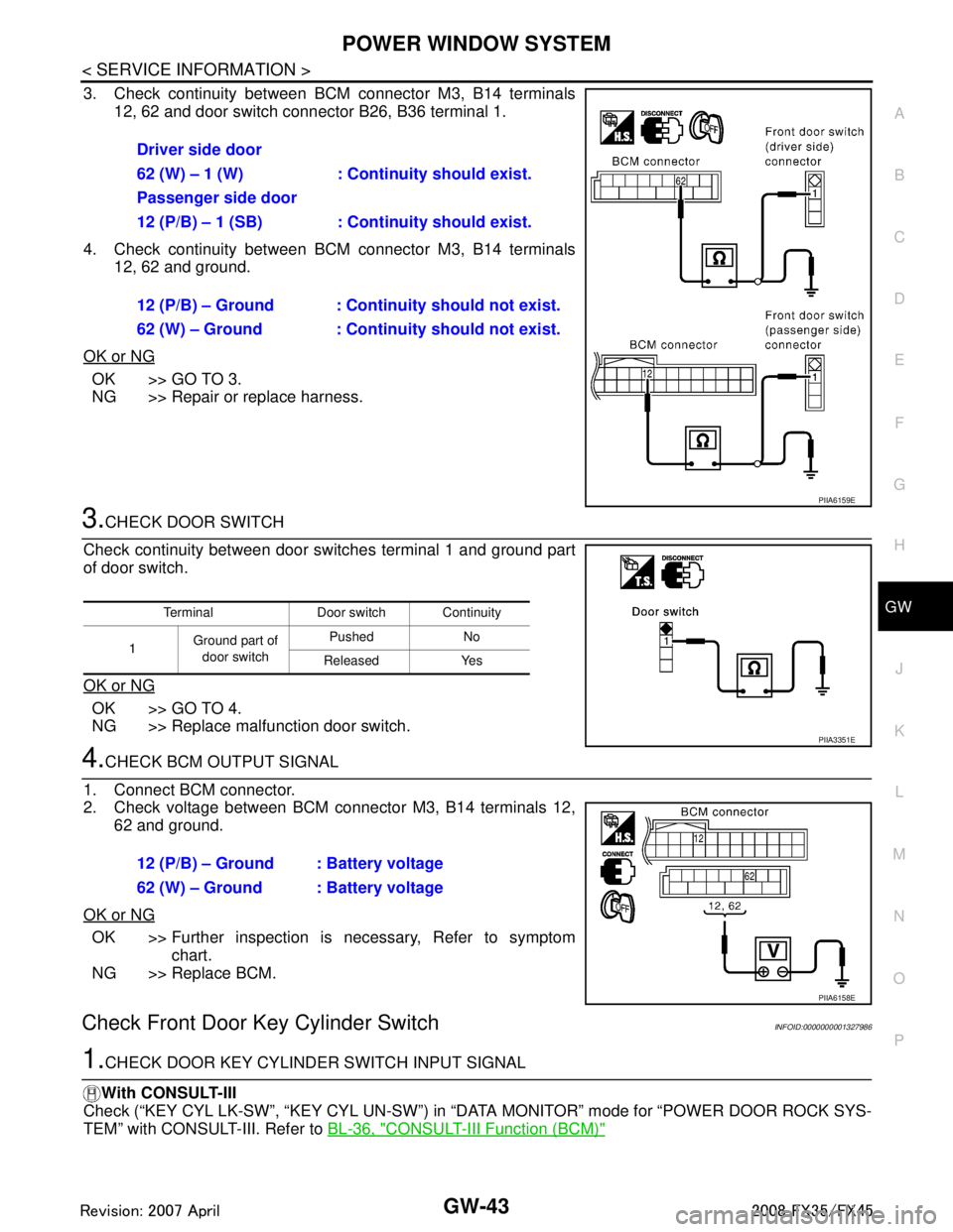 INFINITI FX35 2008 Service Manual
POWER WINDOW SYSTEMGW-43
< SERVICE INFORMATION >
C
DE
F
G H
J
K L
M A
B
GW
N
O P
3. Check continuity between BCM connector M3, B14 terminals 12, 62 and door switch connector B26, B36 terminal 1.
4. C INFINITI FX35 2008 Service Manual
POWER WINDOW SYSTEMGW-43
< SERVICE INFORMATION >
C
DE
F
G H
J
K L
M A
B
GW
N
O P
3. Check continuity between BCM connector M3, B14 terminals 12, 62 and door switch connector B26, B36 terminal 1.
4. C