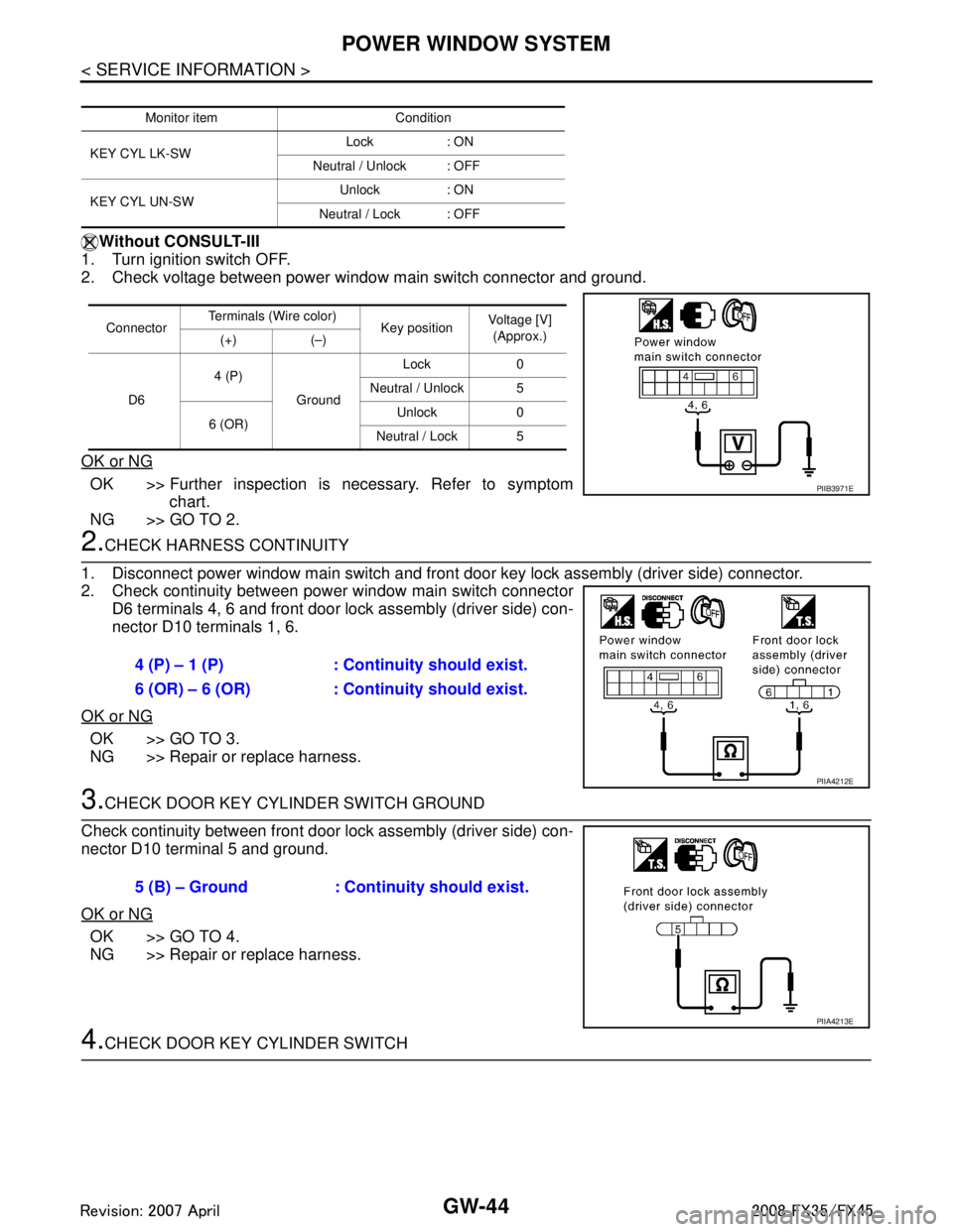 INFINITI FX35 2008 Service Manual
GW-44
< SERVICE INFORMATION >
POWER WINDOW SYSTEM
Without CONSULT-III
1. Turn ignition switch OFF.
2. Check voltage between power window main switch connector and ground.
OK or NG
OK >> Further inspe INFINITI FX35 2008 Service Manual
GW-44
< SERVICE INFORMATION >
POWER WINDOW SYSTEM
Without CONSULT-III
1. Turn ignition switch OFF.
2. Check voltage between power window main switch connector and ground.
OK or NG
OK >> Further inspe