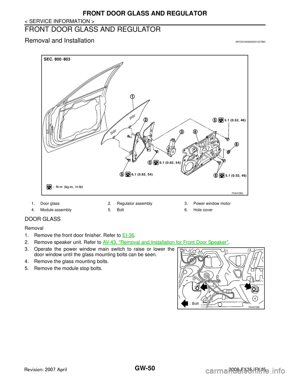 INFINITI FX35 2008 Service Manual
GW-50
< SERVICE INFORMATION >
FRONT DOOR GLASS AND REGULATOR
FRONT DOOR GLASS AND REGULATOR
Removal and InstallationINFOID:0000000001327990
DOOR GLASS
Removal
1. Remove the front door finisher. Refer INFINITI FX35 2008 Service Manual
GW-50
< SERVICE INFORMATION >
FRONT DOOR GLASS AND REGULATOR
FRONT DOOR GLASS AND REGULATOR
Removal and InstallationINFOID:0000000001327990
DOOR GLASS
Removal
1. Remove the front door finisher. Refer