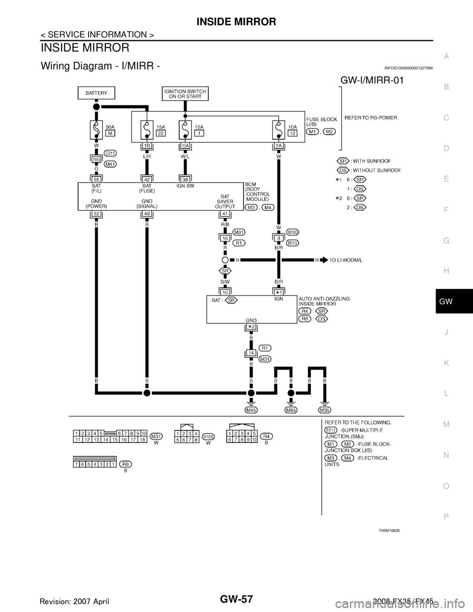 INFINITI FX35 2008 User Guide 
INSIDE MIRRORGW-57
< SERVICE INFORMATION >
C
DE
F
G H
J
K L
M A
B
GW
N
O P
INSIDE MIRROR
Wiring Diagram - I/MIRR -INFOID:0000000001327996
TIWM1683E
3AA93ABC3ACD3AC03ACA3AC03AC63AC53A913A773A893A873A8