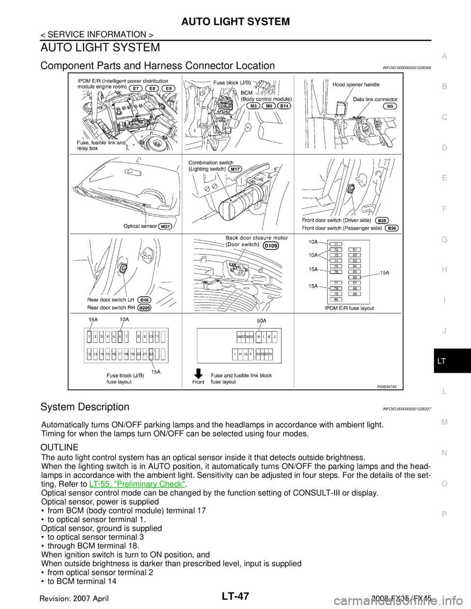 INFINITI FX35 2008 Repair Manual
AUTO LIGHT SYSTEMLT-47
< SERVICE INFORMATION >
C
DE
F
G H
I
J
L
M A
B
LT
N
O P
AUTO LIGHT SYSTEM
Component Parts and Har ness Connector LocationINFOID:0000000001328306
System DescriptionINFOID:000000 INFINITI FX35 2008 Repair Manual
AUTO LIGHT SYSTEMLT-47
< SERVICE INFORMATION >
C
DE
F
G H
I
J
L
M A
B
LT
N
O P
AUTO LIGHT SYSTEM
Component Parts and Har ness Connector LocationINFOID:0000000001328306
System DescriptionINFOID:000000