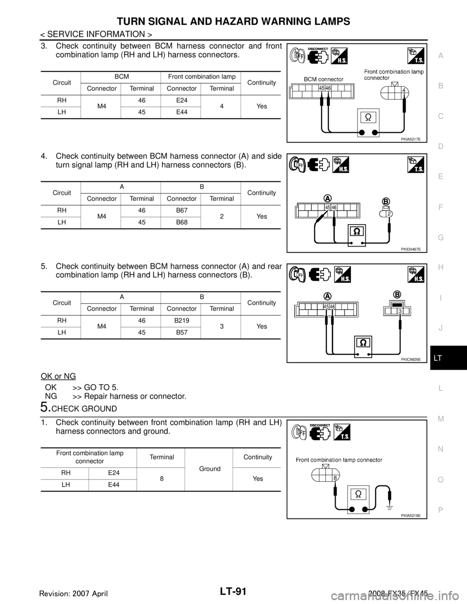 INFINITI FX35 2008 Service Manual
TURN SIGNAL AND HAZARD WARNING LAMPSLT-91
< SERVICE INFORMATION >
C
DE
F
G H
I
J
L
M A
B
LT
N
O P
3. Check continuity between BCM harness connector and front combination lamp (RH and LH) harness conn INFINITI FX35 2008 Service Manual
TURN SIGNAL AND HAZARD WARNING LAMPSLT-91
< SERVICE INFORMATION >
C
DE
F
G H
I
J
L
M A
B
LT
N
O P
3. Check continuity between BCM harness connector and front combination lamp (RH and LH) harness conn