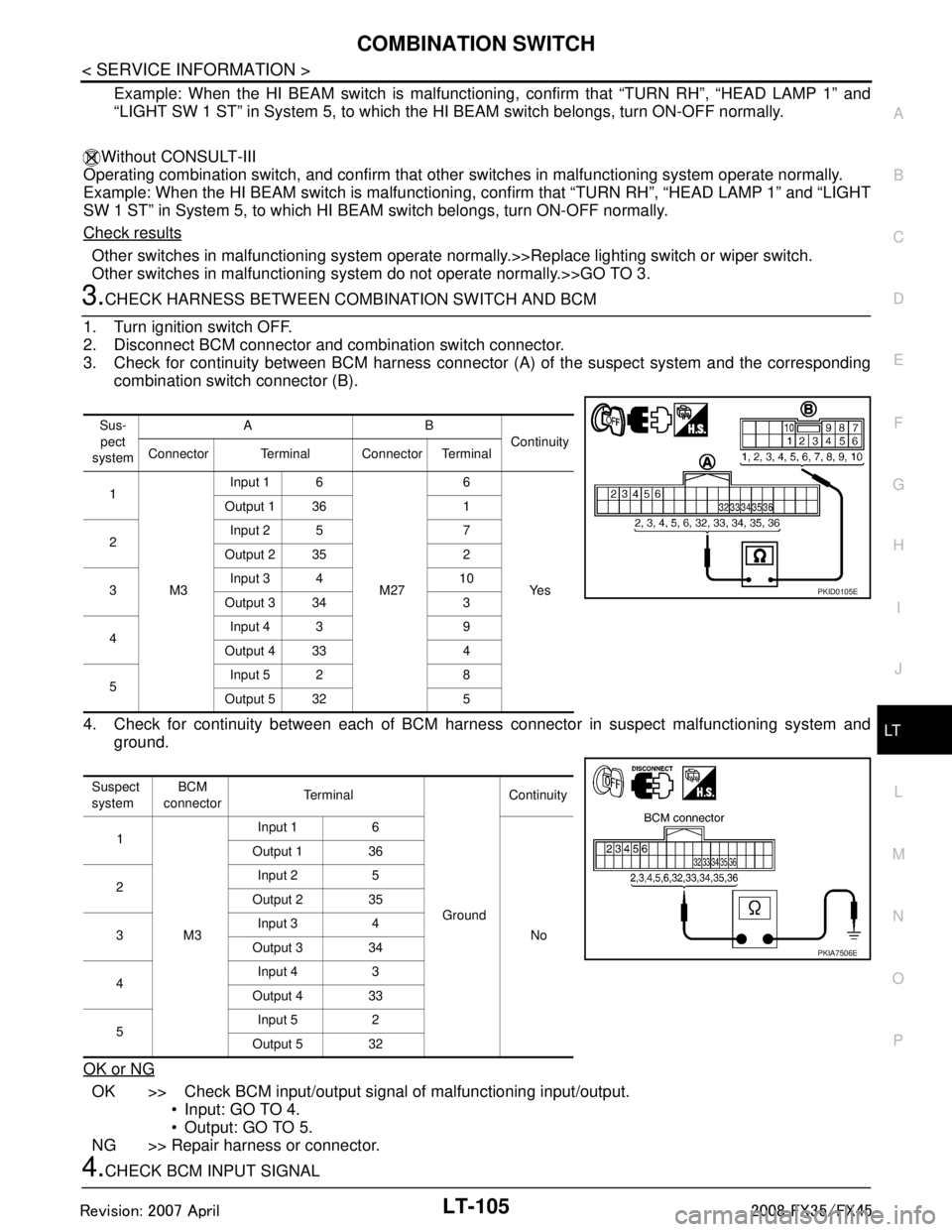 INFINITI FX35 2008 Service Manual
COMBINATION SWITCHLT-105
< SERVICE INFORMATION >
C
DE
F
G H
I
J
L
M A
B
LT
N
O P
Example: When the HI BEAM switch is malfuncti oning, confirm that “TURN RH”, “HEAD LAMP 1” and
“LIGHT SW 1 S INFINITI FX35 2008 Service Manual
COMBINATION SWITCHLT-105
< SERVICE INFORMATION >
C
DE
F
G H
I
J
L
M A
B
LT
N
O P
Example: When the HI BEAM switch is malfuncti oning, confirm that “TURN RH”, “HEAD LAMP 1” and
“LIGHT SW 1 S