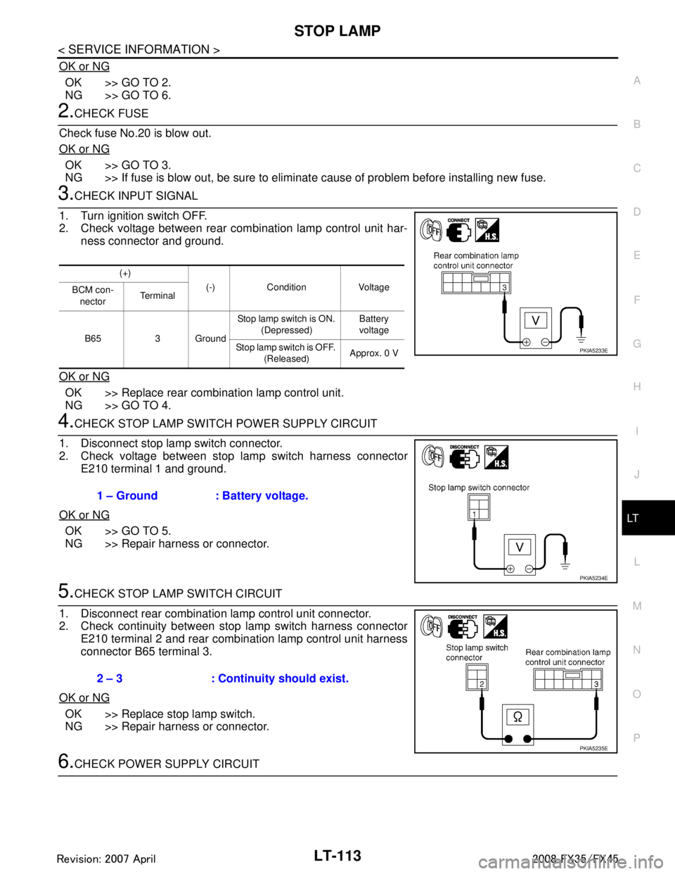 INFINITI FX35 2008 Service Manual
STOP LAMPLT-113
< SERVICE INFORMATION >
C
DE
F
G H
I
J
L
M A
B
LT
N
O P
OK or NG
OK >> GO TO 2.
NG >> GO TO 6.
2.CHECK FUSE
Check fuse No.20 is blow out.
OK or NG
OK >> GO TO 3.
NG >> If fuse is blow INFINITI FX35 2008 Service Manual
STOP LAMPLT-113
< SERVICE INFORMATION >
C
DE
F
G H
I
J
L
M A
B
LT
N
O P
OK or NG
OK >> GO TO 2.
NG >> GO TO 6.
2.CHECK FUSE
Check fuse No.20 is blow out.
OK or NG
OK >> GO TO 3.
NG >> If fuse is blow