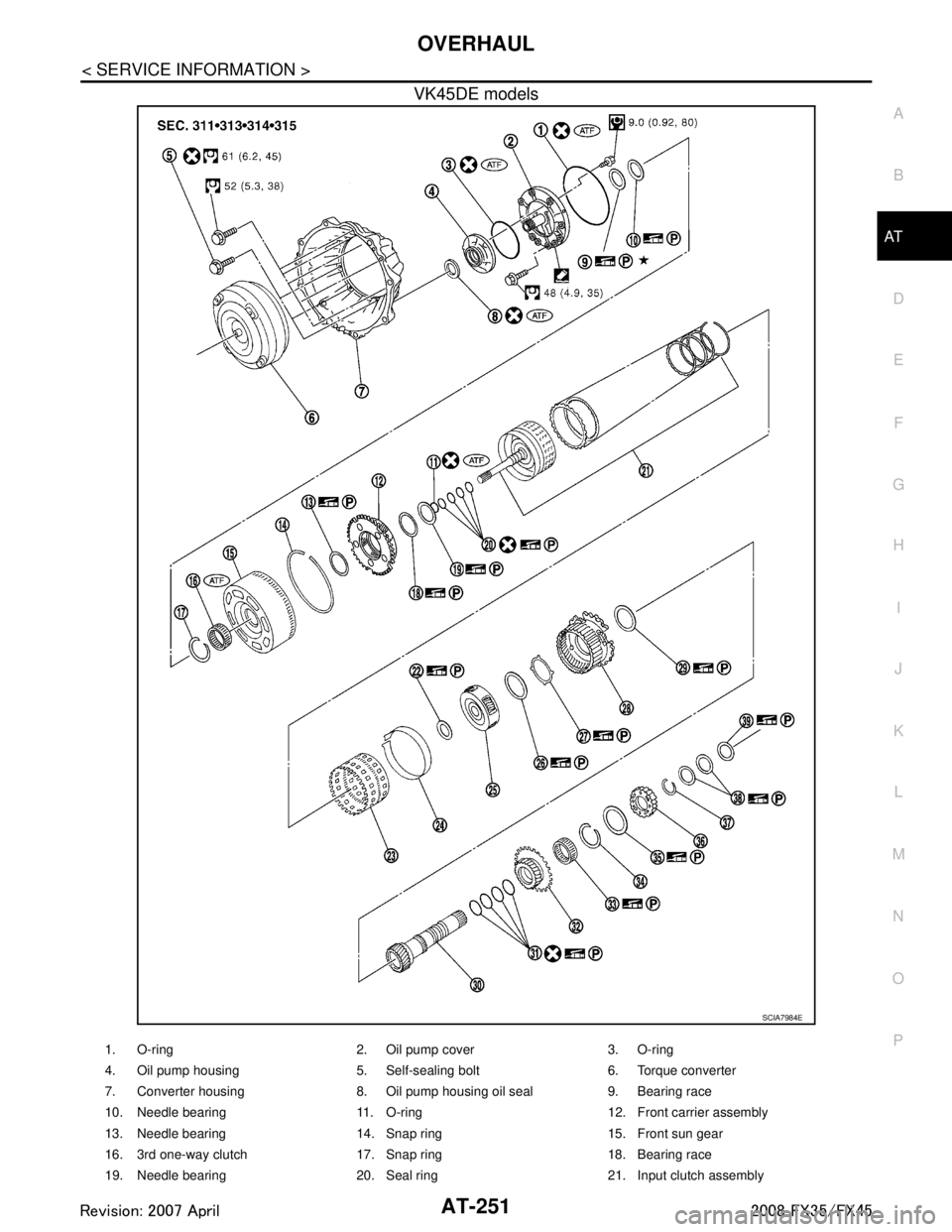 INFINITI FX35 2008 User Guide
OVERHAULAT-251
< SERVICE INFORMATION >
DE
F
G H
I
J
K L
M A
B
AT
N
O P
VK45DE models
SCIA7984E
1. O-ring 2. Oil pump cover 3. O-ring
4. Oil pump housing 5. Self-sealing bolt 6. Torque converter
7. Co INFINITI FX35 2008 User Guide
OVERHAULAT-251
< SERVICE INFORMATION >
DE
F
G H
I
J
K L
M A
B
AT
N
O P
VK45DE models
SCIA7984E
1. O-ring 2. Oil pump cover 3. O-ring
4. Oil pump housing 5. Self-sealing bolt 6. Torque converter
7. Co