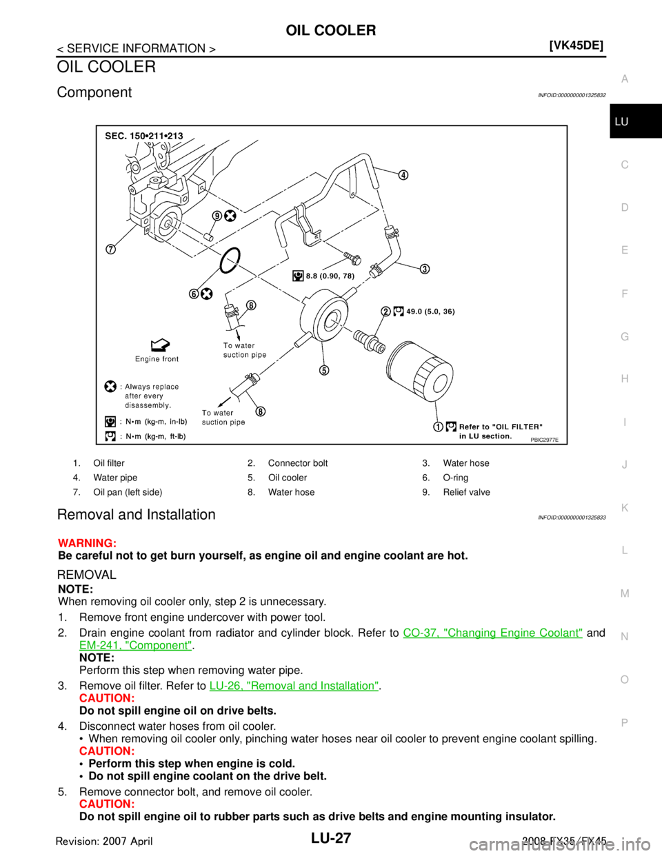 INFINITI FX35 2008  Service Manual 
OIL COOLERLU-27
< SERVICE INFORMATION > [VK45DE]
C
D
E
F
G H
I
J
K L
M A
LU
NP
O
OIL COOLER
ComponentINFOID:0000000001325832
Removal and InstallationINFOID:0000000001325833
WARNING:
Be careful not to