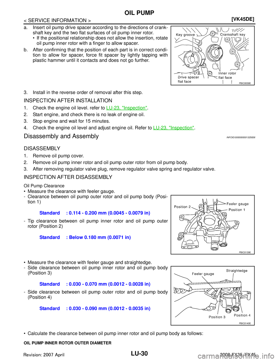 INFINITI FX35 2008  Service Manual 
LU-30
< SERVICE INFORMATION >[VK45DE]
OIL PUMP
a. Insert oil pump drive spacer according to the directions of crank-
shaft key and the two flat surfaces of oil pump inner rotor. 
 If the positional 