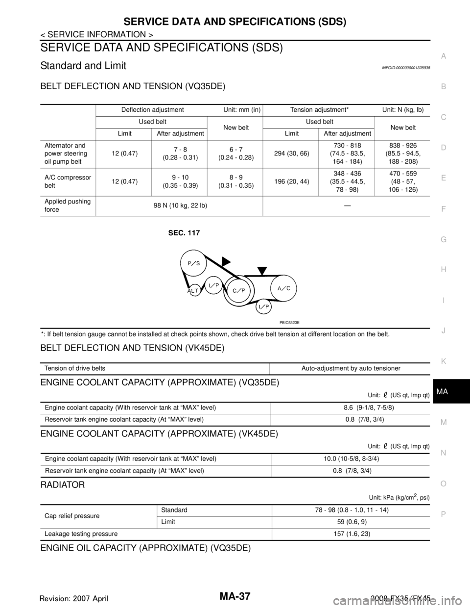 INFINITI FX35 2008 Service Manual
SERVICE DATA AND SPECIFICATIONS (SDS)
MA-37
< SERVICE INFORMATION >
C
D E
F
G H
I
J
K
M A
B
MA
N
O P
SERVICE DATA AND SPECIFICATIONS (SDS)
Standard and LimitINFOID:0000000001328938
BELT DEFLECTION AN INFINITI FX35 2008 Service Manual
SERVICE DATA AND SPECIFICATIONS (SDS)
MA-37
< SERVICE INFORMATION >
C
D E
F
G H
I
J
K
M A
B
MA
N
O P
SERVICE DATA AND SPECIFICATIONS (SDS)
Standard and LimitINFOID:0000000001328938
BELT DEFLECTION AN