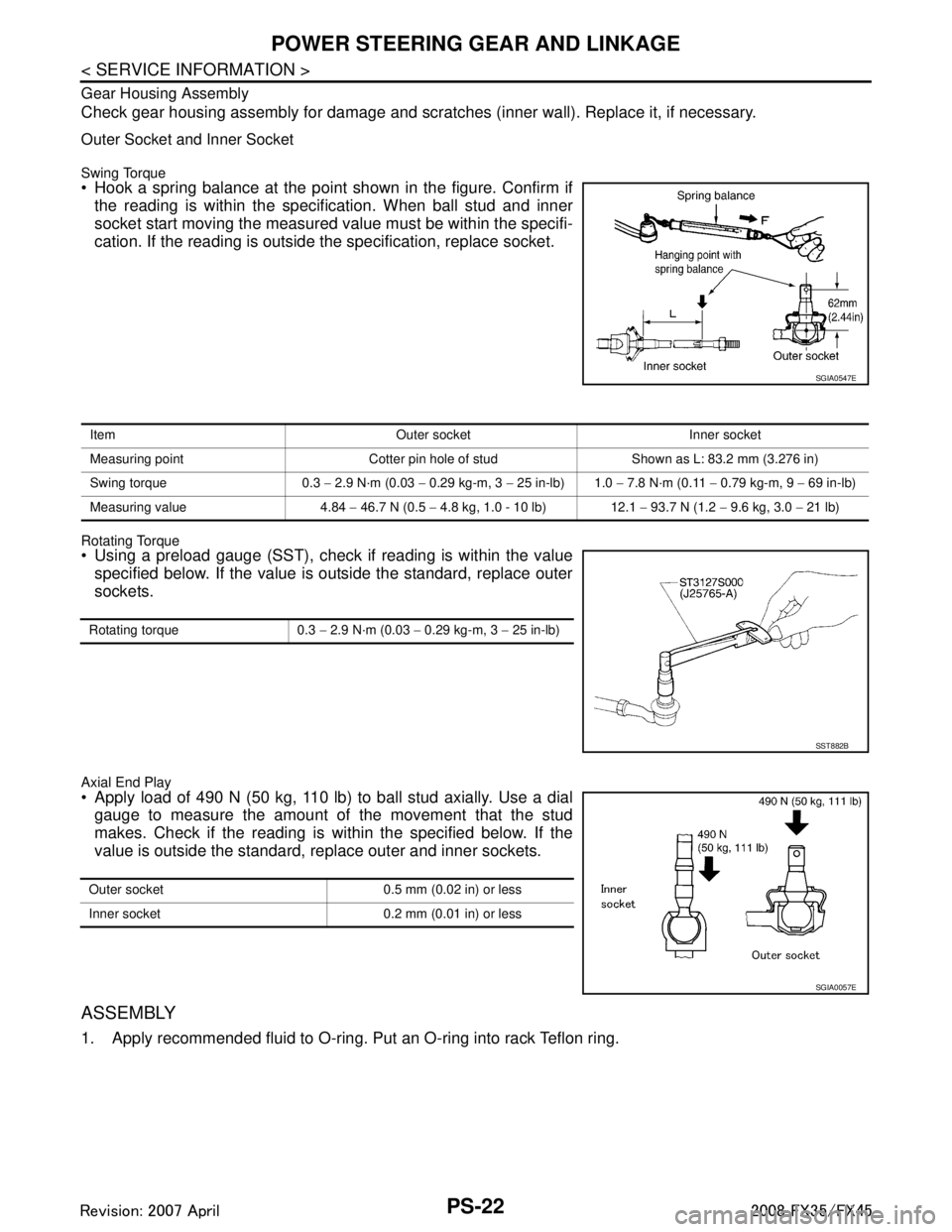 INFINITI FX35 2008 Service Manual
PS-22
< SERVICE INFORMATION >
POWER STEERING GEAR AND LINKAGE
Gear Housing Assembly
Check gear housing assembly for damage and scratches (inner wall). Replace it, if necessary.
Outer Socket and Inner INFINITI FX35 2008 Service Manual
PS-22
< SERVICE INFORMATION >
POWER STEERING GEAR AND LINKAGE
Gear Housing Assembly
Check gear housing assembly for damage and scratches (inner wall). Replace it, if necessary.
Outer Socket and Inner