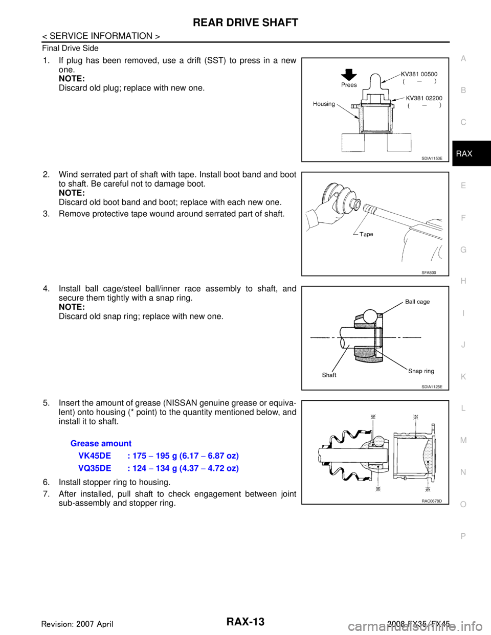 INFINITI FX35 2008  Service Manual 
REAR DRIVE SHAFTRAX-13
< SERVICE INFORMATION >
CEF
G H
I
J
K L
M A
B
RAX
N
O P
Final Drive Side
1. If plug has been removed, use a drift (SST) to press in a new
one.
NOTE:
Discard old plug; replace w