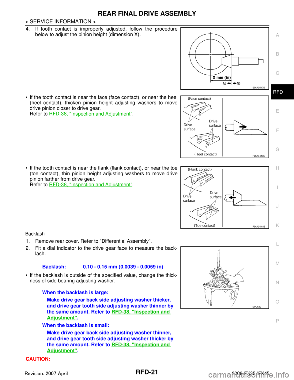 INFINITI FX35 2008 Service Manual
REAR FINAL DRIVE ASSEMBLYRFD-21
< SERVICE INFORMATION >
CEF
G H
I
J
K L
M A
B
RFD
N
O P
4. If tooth contact is improperly adjusted, follow the procedure
below to adjust the pinion height (dimension INFINITI FX35 2008 Service Manual
REAR FINAL DRIVE ASSEMBLYRFD-21
< SERVICE INFORMATION >
CEF
G H
I
J
K L
M A
B
RFD
N
O P
4. If tooth contact is improperly adjusted, follow the procedure
below to adjust the pinion height (dimension