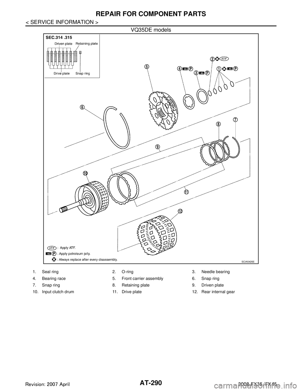 INFINITI FX35 2008 Owners Guide
AT-290
< SERVICE INFORMATION >
REPAIR FOR COMPONENT PARTS
VQ35DE models
SCIA5426E
1. Seal ring 2. O-ring 3. Needle bearing
4. Bearing race 5. Front carrier assembly 6. Snap ring
7. Snap ring 8. Retai INFINITI FX35 2008 Owners Guide
AT-290
< SERVICE INFORMATION >
REPAIR FOR COMPONENT PARTS
VQ35DE models
SCIA5426E
1. Seal ring 2. O-ring 3. Needle bearing
4. Bearing race 5. Front carrier assembly 6. Snap ring
7. Snap ring 8. Retai