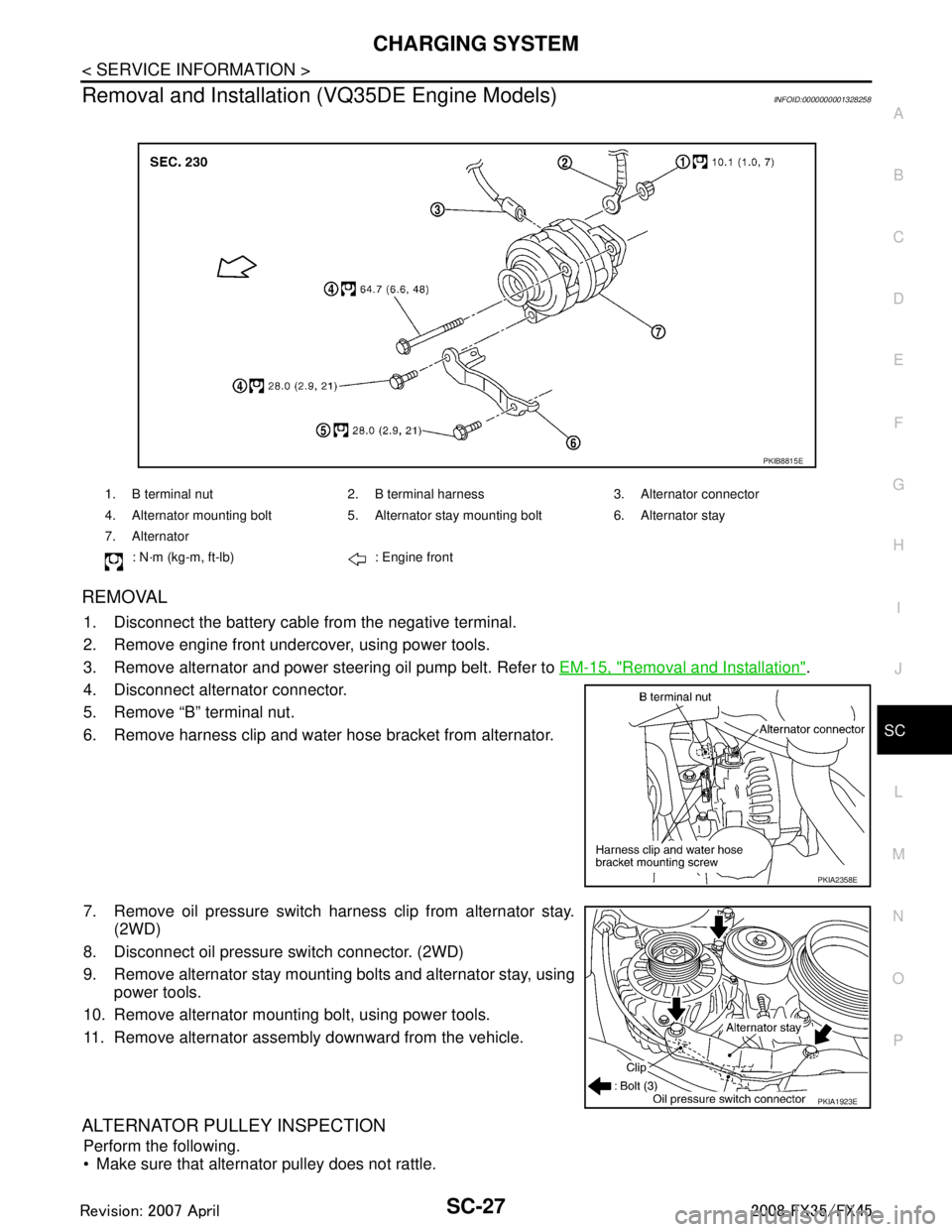 INFINITI FX35 2008 Owners Manual
CHARGING SYSTEMSC-27
< SERVICE INFORMATION >
C
DE
F
G H
I
J
L
M A
B
SC
N
O P
Removal and Installation (VQ35DE Engine Models)INFOID:0000000001328258
REMOVAL
1. Disconnect the battery cabl e from the n INFINITI FX35 2008 Owners Manual
CHARGING SYSTEMSC-27
< SERVICE INFORMATION >
C
DE
F
G H
I
J
L
M A
B
SC
N
O P
Removal and Installation (VQ35DE Engine Models)INFOID:0000000001328258
REMOVAL
1. Disconnect the battery cabl e from the n