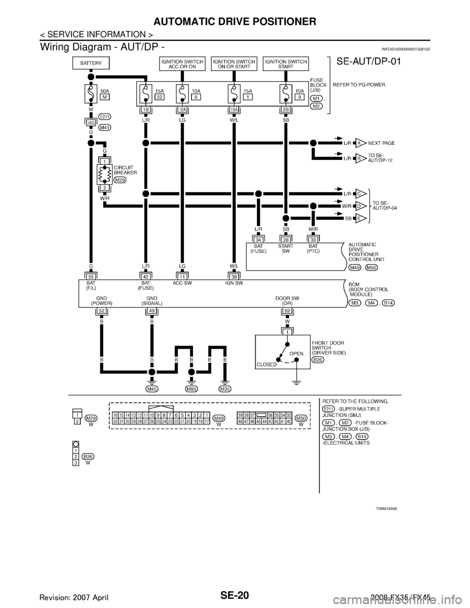 INFINITI FX35 2008 Service Manual
SE-20
< SERVICE INFORMATION >
AUTOMATIC DRIVE POSITIONER
Wiring Diagram - AUT/DP -
INFOID:0000000001328102
TIWM1694E
3AA93ABC3ACD3AC03ACA3AC03AC63AC53A913A773A893A873A873A8E3A773A983AC73AC93AC03AC3
INFINITI FX35 2008 Service Manual
SE-20
< SERVICE INFORMATION >
AUTOMATIC DRIVE POSITIONER
Wiring Diagram - AUT/DP -
INFOID:0000000001328102
TIWM1694E
3AA93ABC3ACD3AC03ACA3AC03AC63AC53A913A773A893A873A873A8E3A773A983AC73AC93AC03AC3