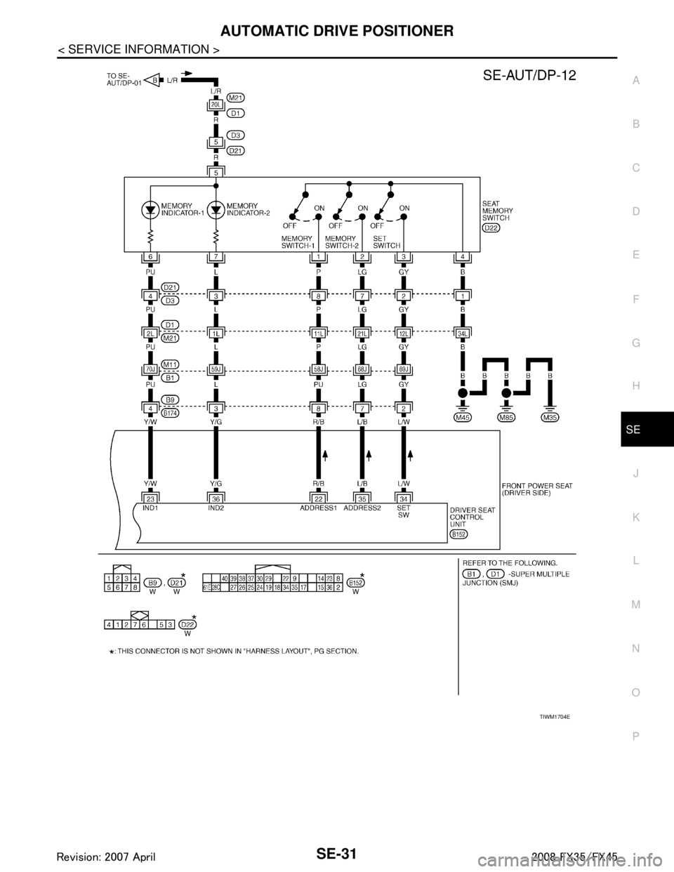 INFINITI FX35 2008 Service Manual
AUTOMATIC DRIVE POSITIONERSE-31
< SERVICE INFORMATION >
C
DE
F
G H
J
K L
M A
B
SE
N
O P
TIWM1704E
3AA93ABC3ACD3AC03ACA3AC03AC63AC53A913A773A893A873A873A8E3A773A983AC73AC93AC03AC3
3A893A873A873A8F3A7 INFINITI FX35 2008 Service Manual
AUTOMATIC DRIVE POSITIONERSE-31
< SERVICE INFORMATION >
C
DE
F
G H
J
K L
M A
B
SE
N
O P
TIWM1704E
3AA93ABC3ACD3AC03ACA3AC03AC63AC53A913A773A893A873A873A8E3A773A983AC73AC93AC03AC3
3A893A873A873A8F3A7