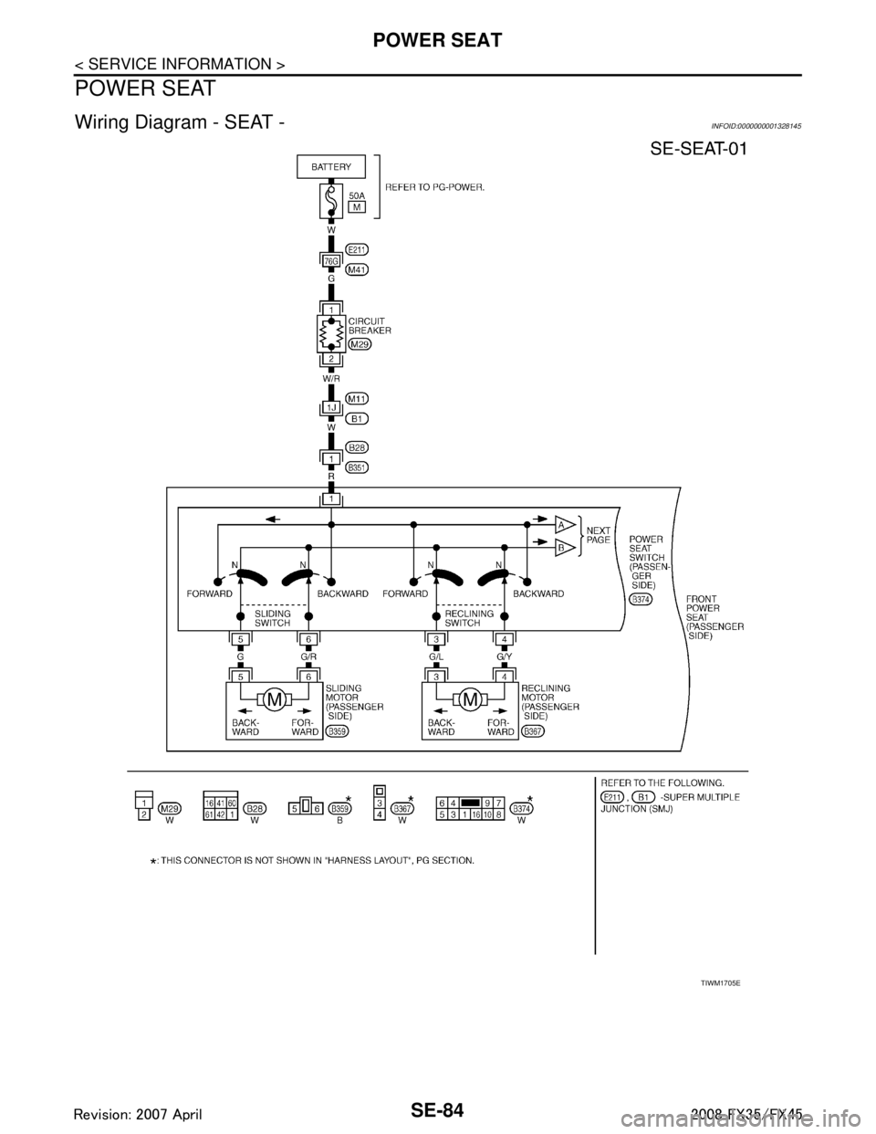 INFINITI FX35 2008 Service Manual
SE-84
< SERVICE INFORMATION >
POWER SEAT
POWER SEAT
Wiring Diagram - SEAT -INFOID:0000000001328145
TIWM1705E
3AA93ABC3ACD3AC03ACA3AC03AC63AC53A913A773A893A873A873A8E3A773A983AC73AC93AC03AC3
3A893A87 INFINITI FX35 2008 Service Manual
SE-84
< SERVICE INFORMATION >
POWER SEAT
POWER SEAT
Wiring Diagram - SEAT -INFOID:0000000001328145
TIWM1705E
3AA93ABC3ACD3AC03ACA3AC03AC63AC53A913A773A893A873A873A8E3A773A983AC73AC93AC03AC3
3A893A87