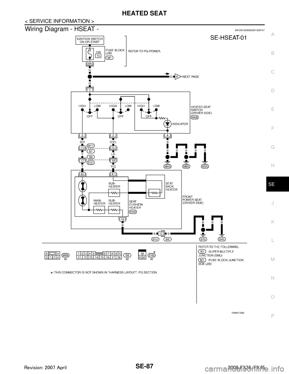 INFINITI FX35 2008 Service Manual
HEATED SEATSE-87
< SERVICE INFORMATION >
C
DE
F
G H
J
K L
M A
B
SE
N
O P
Wiring Diagram - HSEAT -INFOID:0000000001328147
TIWM1706E
3AA93ABC3ACD3AC03ACA3AC03AC63AC53A913A773A893A873A873A8E3A773A983AC7 INFINITI FX35 2008 Service Manual
HEATED SEATSE-87
< SERVICE INFORMATION >
C
DE
F
G H
J
K L
M A
B
SE
N
O P
Wiring Diagram - HSEAT -INFOID:0000000001328147
TIWM1706E
3AA93ABC3ACD3AC03ACA3AC03AC63AC53A913A773A893A873A873A8E3A773A983AC7