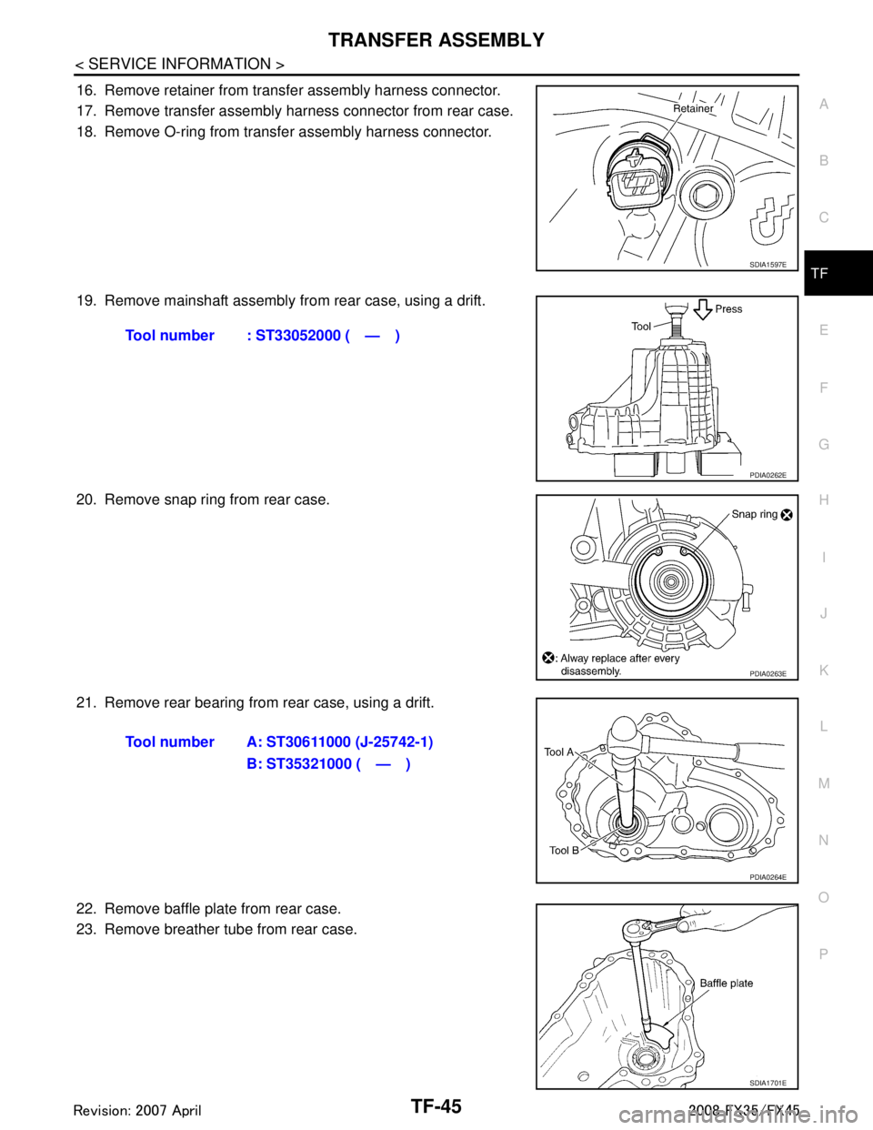 INFINITI FX35 2008 Service Manual
TRANSFER ASSEMBLYTF-45
< SERVICE INFORMATION >
CEF
G H
I
J
K L
M A
B
TF
N
O P
16. Remove retainer from transfer assembly harness connector.
17. Remove transfer assembly harness connector from rear ca INFINITI FX35 2008 Service Manual
TRANSFER ASSEMBLYTF-45
< SERVICE INFORMATION >
CEF
G H
I
J
K L
M A
B
TF
N
O P
16. Remove retainer from transfer assembly harness connector.
17. Remove transfer assembly harness connector from rear ca