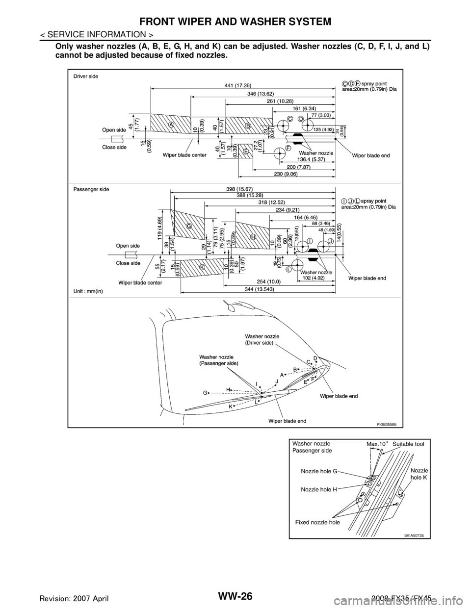 INFINITI FX35 2008 Service Manual
WW-26
< SERVICE INFORMATION >
FRONT WIPER AND WASHER SYSTEM
Only washer nozzles (A, B, E, G, H, and K) can be adjusted. Washer nozzles (C, D, F, I, J, and L)
cannot be adjusted because of fixed nozzl INFINITI FX35 2008 Service Manual
WW-26
< SERVICE INFORMATION >
FRONT WIPER AND WASHER SYSTEM
Only washer nozzles (A, B, E, G, H, and K) can be adjusted. Washer nozzles (C, D, F, I, J, and L)
cannot be adjusted because of fixed nozzl