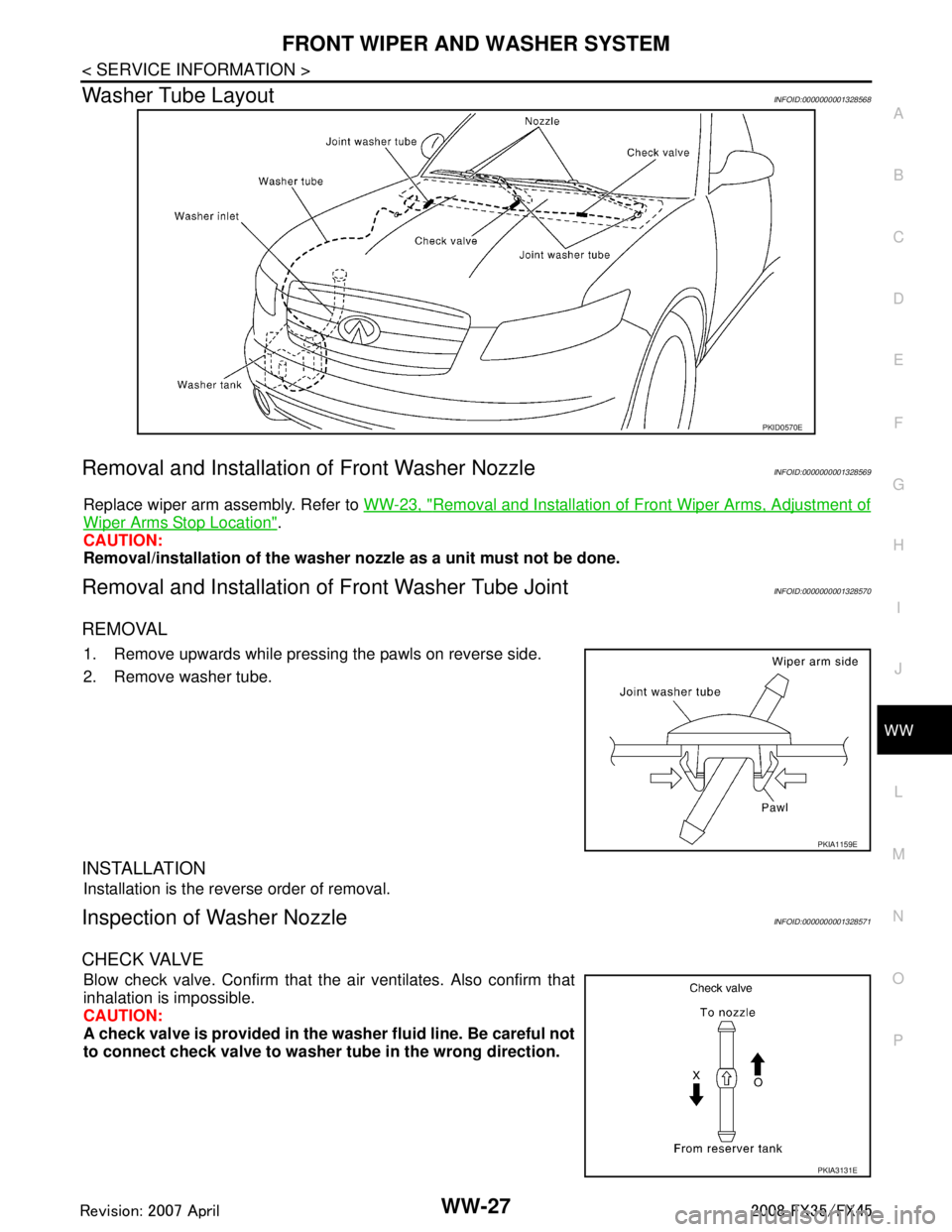 INFINITI FX35 2008  Service Manual 
FRONT WIPER AND WASHER SYSTEMWW-27
< SERVICE INFORMATION >
C
DE
F
G H
I
J
L
M A
B
WW
N
O P
Washer Tube LayoutINFOID:0000000001328568
Removal and Installation  of Front Washer NozzleINFOID:00000000013