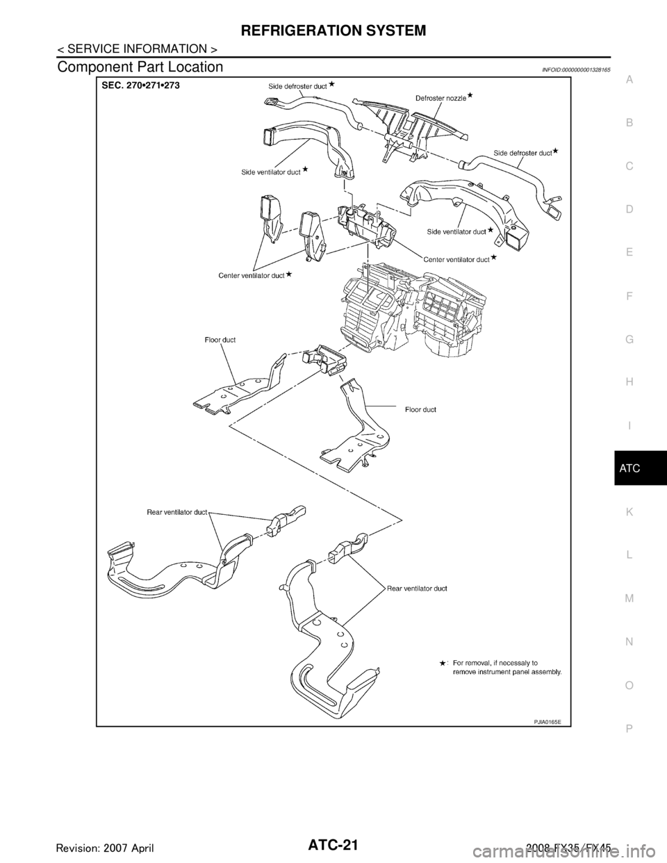 INFINITI FX35 2008  Service Manual 
REFRIGERATION SYSTEMATC-21
< SERVICE INFORMATION >
C
DE
F
G H
I
K L
M A
B
AT C
N
O P
Component Part LocationINFOID:0000000001328165
PJIA0165E
3AA93ABC3ACD3AC03ACA3AC03AC63AC53A913A773A893A873A873A8E3