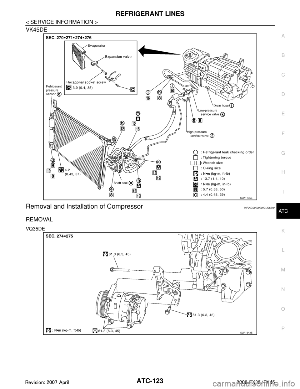 INFINITI FX35 2008  Service Manual 
REFRIGERANT LINESATC-123
< SERVICE INFORMATION >
C
DE
F
G H
I
K L
M A
B
AT C
N
O P
VK45DE
Removal and Installation of CompressorINFOID:0000000001328219
REMOVAL
VQ35DE
SJIA1735E
SJIA1643E
3AA93ABC3ACD