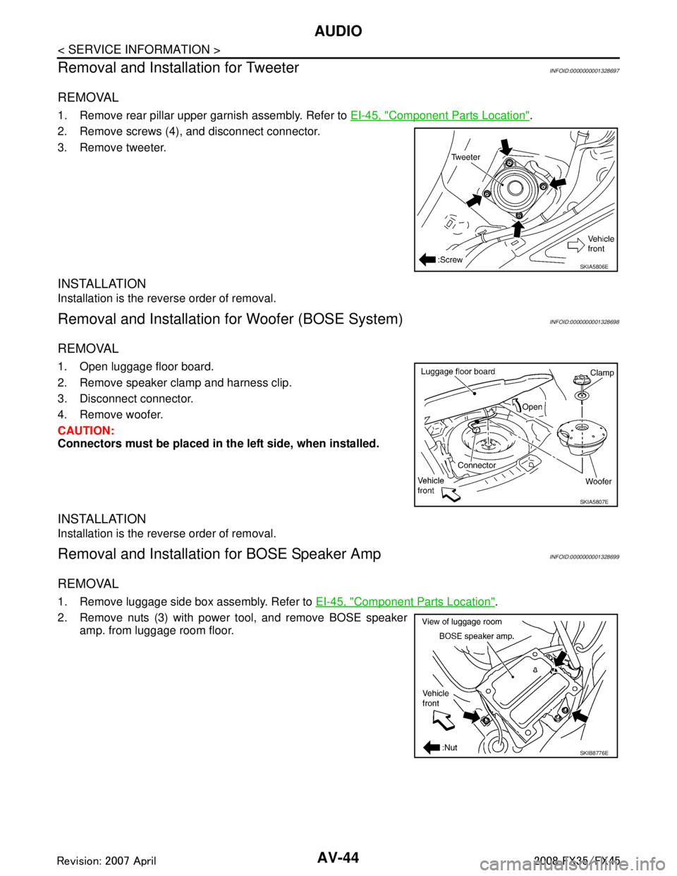 INFINITI FX35 2008  Service Manual 
AV-44
< SERVICE INFORMATION >
AUDIO
Removal and Installation for Tweeter
INFOID:0000000001328697
REMOVAL
1. Remove rear pillar upper garnish assembly. Refer to  EI-45, "Component Parts Location".
2. 
