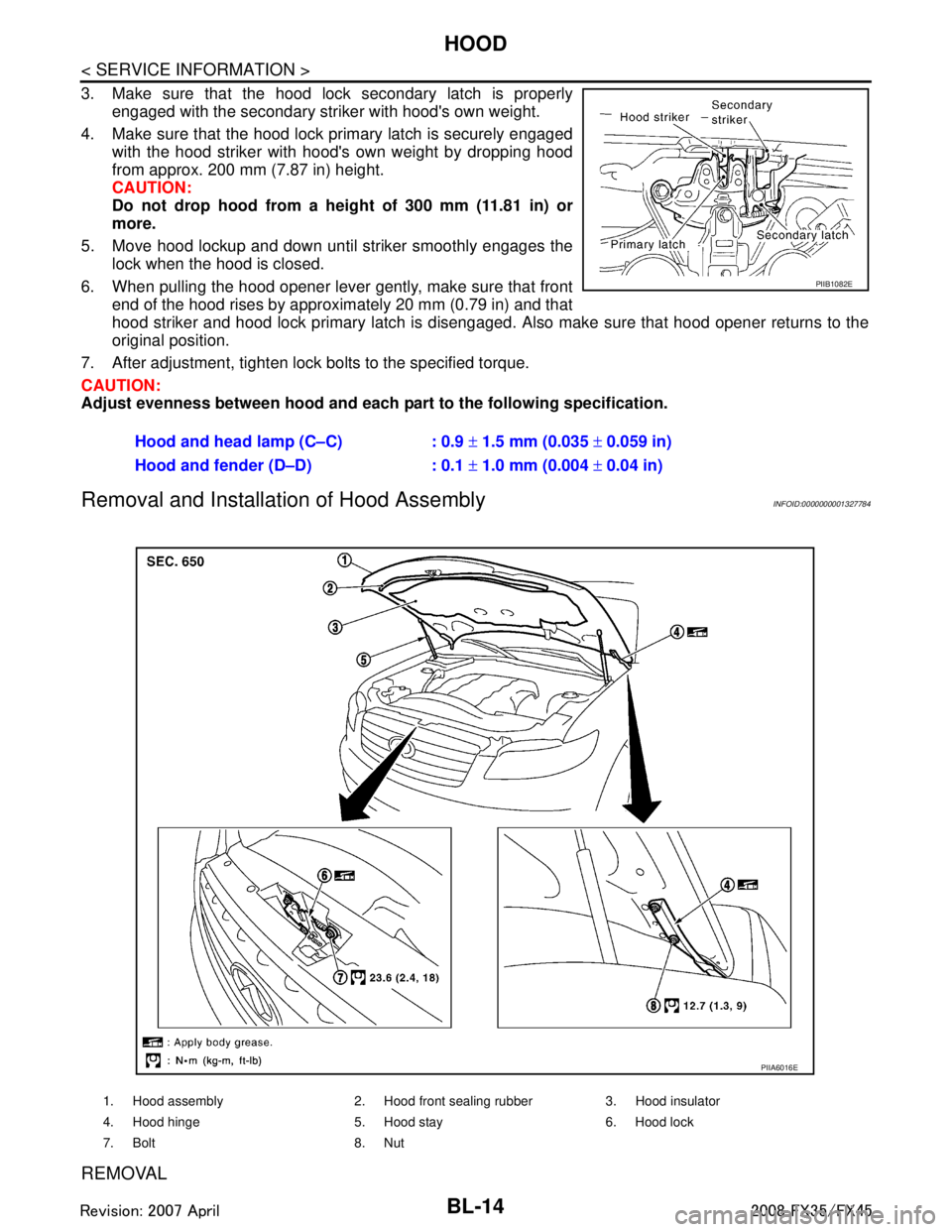 INFINITI FX35 2008 Service Manual
BL-14
< SERVICE INFORMATION >
HOOD
3. Make sure that the hood lock secondary latch is properlyengaged with the secondary striker with hoods own weight.
4. Make sure that the hood lock primary latch INFINITI FX35 2008 Service Manual
BL-14
< SERVICE INFORMATION >
HOOD
3. Make sure that the hood lock secondary latch is properlyengaged with the secondary striker with hoods own weight.
4. Make sure that the hood lock primary latch