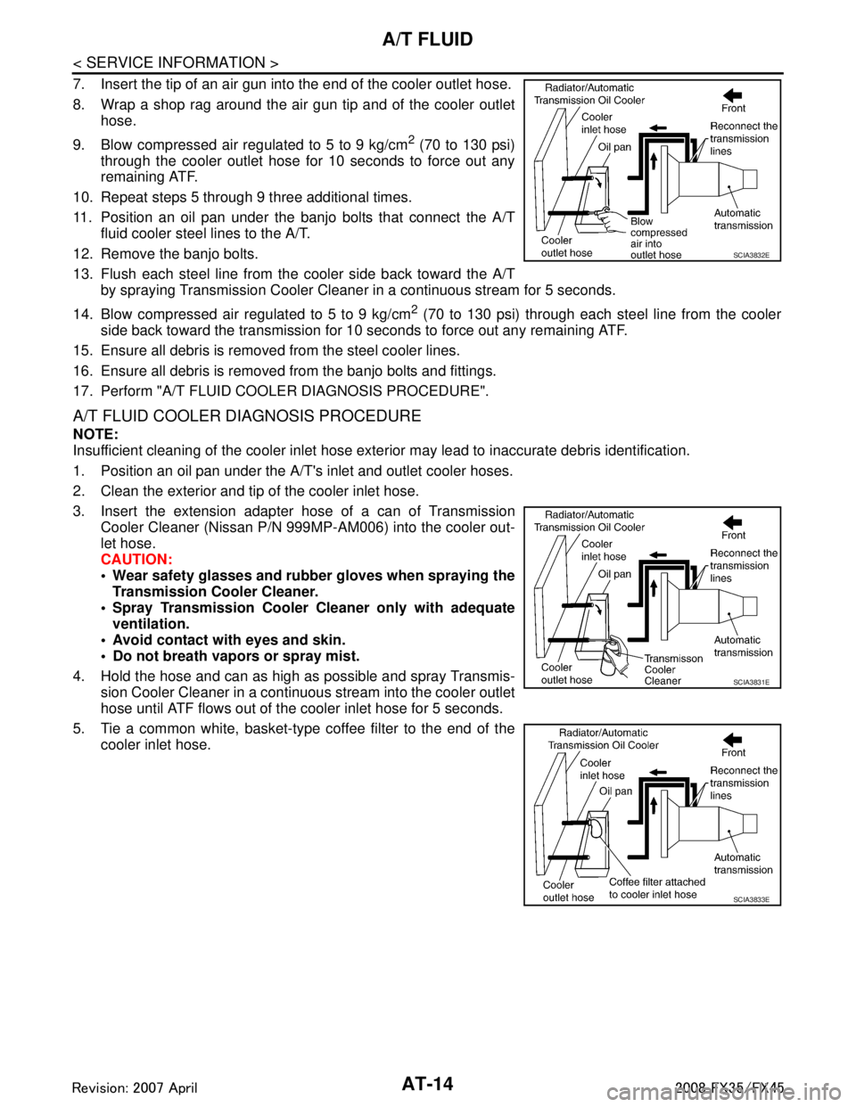 INFINITI FX35 2008 Service Manual
AT-14
< SERVICE INFORMATION >
A/T FLUID
7. Insert the tip of an air gun into the end of the cooler outlet hose.
8. Wrap a shop rag around the air gun tip and of the cooler outlethose.
9. Blow compres INFINITI FX35 2008 Service Manual
AT-14
< SERVICE INFORMATION >
A/T FLUID
7. Insert the tip of an air gun into the end of the cooler outlet hose.
8. Wrap a shop rag around the air gun tip and of the cooler outlethose.
9. Blow compres