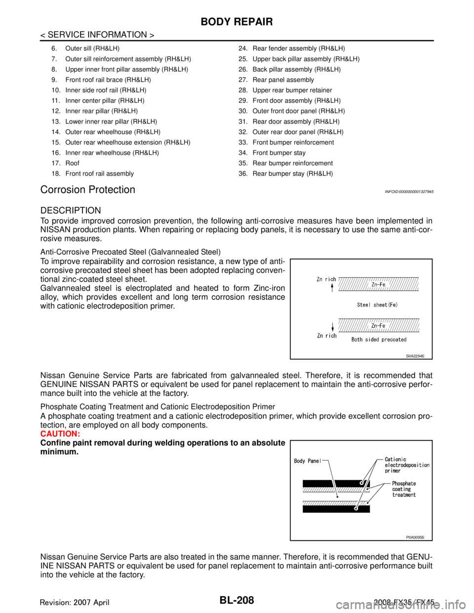 INFINITI FX35 2008  Service Manual 
BL-208
< SERVICE INFORMATION >
BODY REPAIR
Corrosion Protection
INFOID:0000000001327945
DESCRIPTION
To provide improved corrosion prevention, the foll owing anti-corrosive measures have been implemen