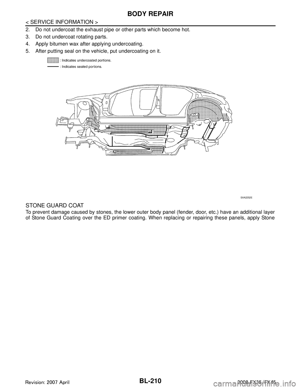 INFINITI FX35 2008 Repair Manual
BL-210
< SERVICE INFORMATION >
BODY REPAIR
2. Do not undercoat the exhaust pipe or other parts which become hot.
3. Do not undercoat rotating parts.
4. Apply bitumen wax after applying undercoating.
INFINITI FX35 2008 Repair Manual
BL-210
< SERVICE INFORMATION >
BODY REPAIR
2. Do not undercoat the exhaust pipe or other parts which become hot.
3. Do not undercoat rotating parts.
4. Apply bitumen wax after applying undercoating.