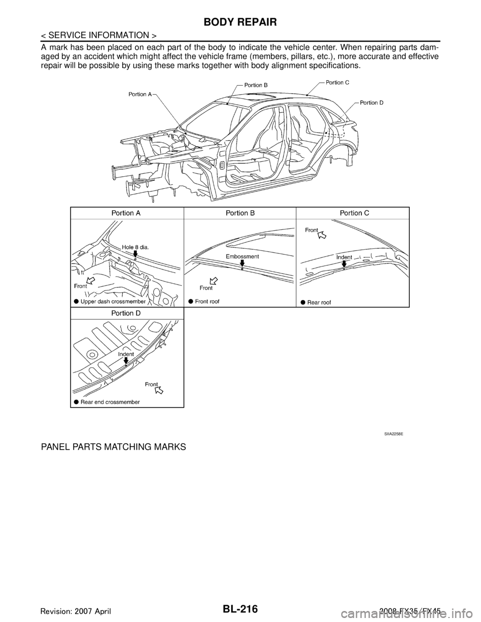 INFINITI FX35 2008  Service Manual 
BL-216
< SERVICE INFORMATION >
BODY REPAIR
A mark has been placed on each part of the body to indicate the vehicle center. When repairing parts dam-
aged by an accident which might affect the vehicle