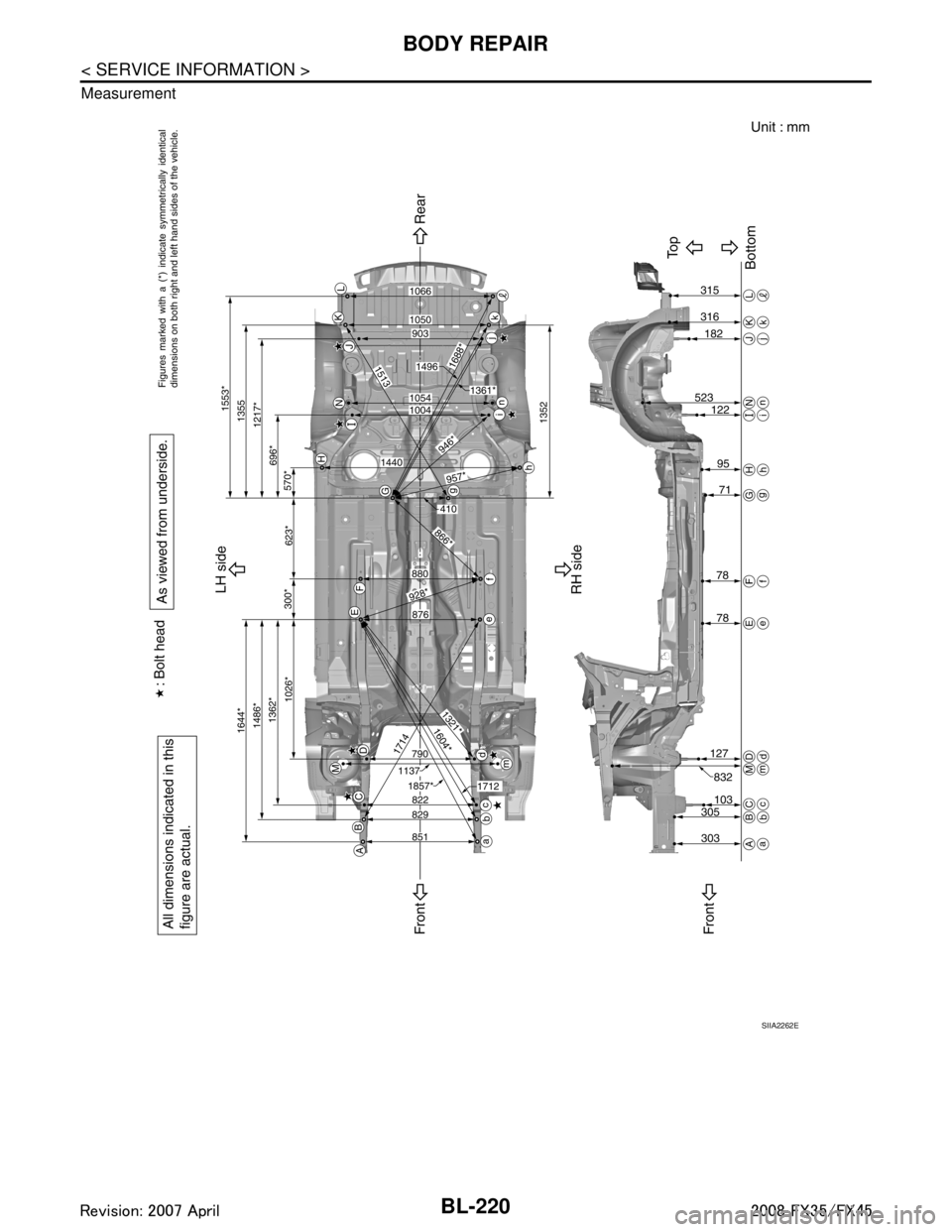 INFINITI FX35 2008  Service Manual 
BL-220
< SERVICE INFORMATION >
BODY REPAIR
Measurement
SIIA2262E
3AA93ABC3ACD3AC03ACA3AC03AC63AC53A913A773A893A873A873A8E3A773A983AC73AC93AC03AC3 
3A893A873A873A8F3A773A9D3AAF3A8A3A8C3A863A9D3AAF3A8B