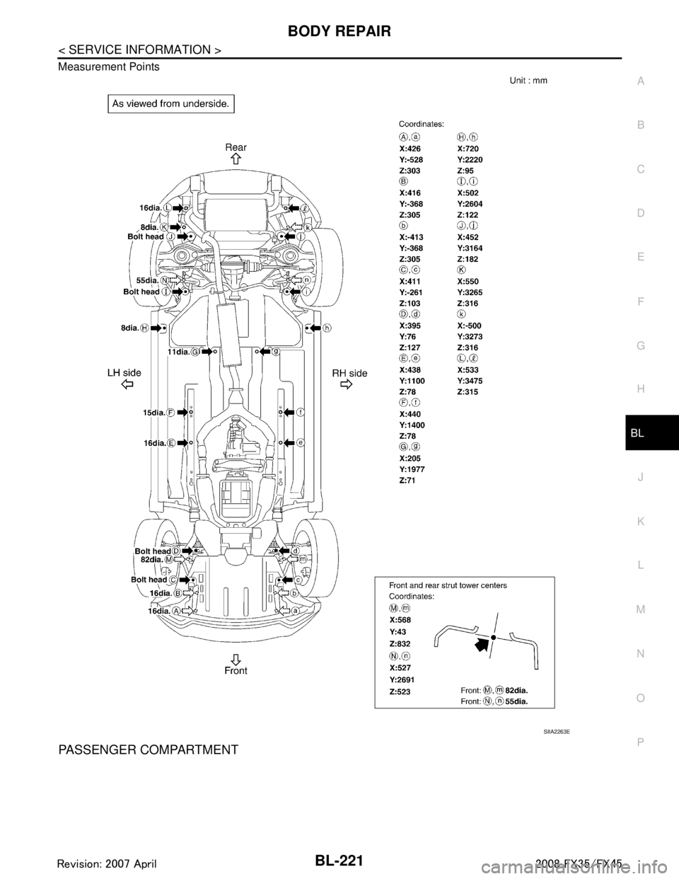 INFINITI FX35 2008  Service Manual 
BODY REPAIRBL-221
< SERVICE INFORMATION >
C
DE
F
G H
J
K L
M A
B
BL
N
O P
Measurement Points
PASSENGER COMPARTMENT
SIIA2263E
3AA93ABC3ACD3AC03ACA3AC03AC63AC53A913A773A893A873A873A8E3A773A983AC73AC93A
