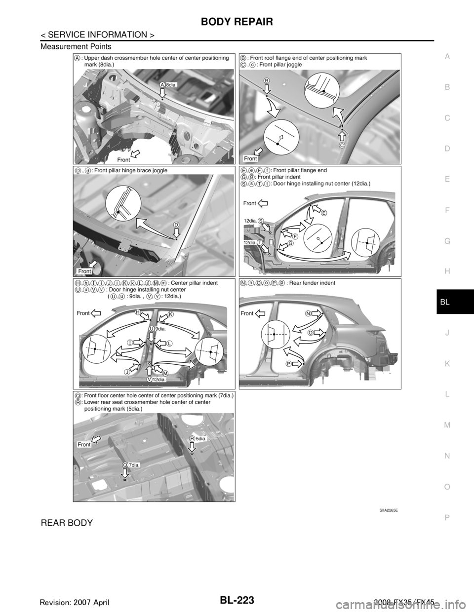 INFINITI FX35 2008  Service Manual 
BODY REPAIRBL-223
< SERVICE INFORMATION >
C
DE
F
G H
J
K L
M A
B
BL
N
O P
Measurement Points
REAR BODY
SIIA2265E
3AA93ABC3ACD3AC03ACA3AC03AC63AC53A913A773A893A873A873A8E3A773A983AC73AC93AC03AC3 
3A89