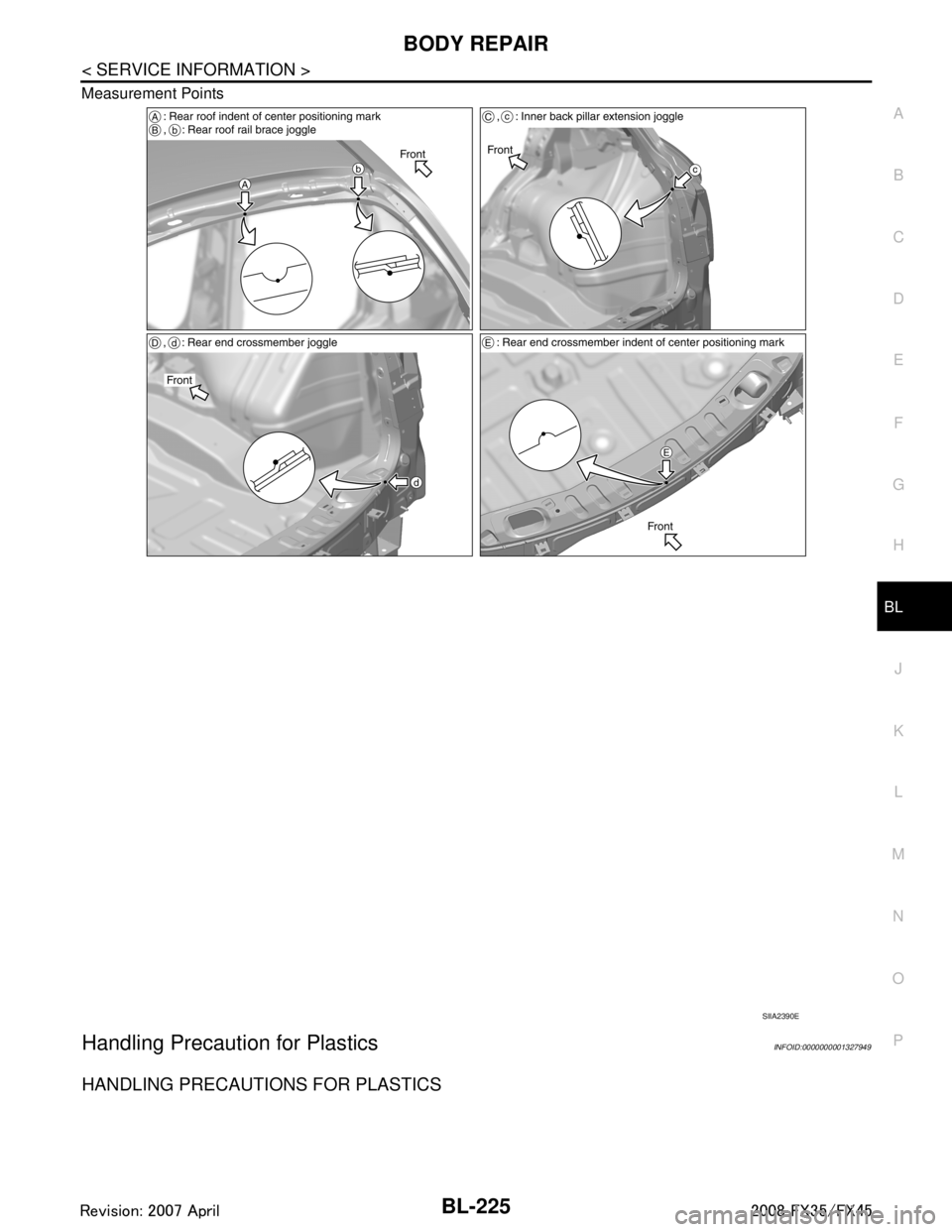 INFINITI FX35 2008  Service Manual 
BODY REPAIRBL-225
< SERVICE INFORMATION >
C
DE
F
G H
J
K L
M A
B
BL
N
O P
Measurement Points
Handling Precaution for PlasticsINFOID:0000000001327949
HANDLING PRECAUTIONS FOR PLASTICS
SIIA2390E
3AA93A