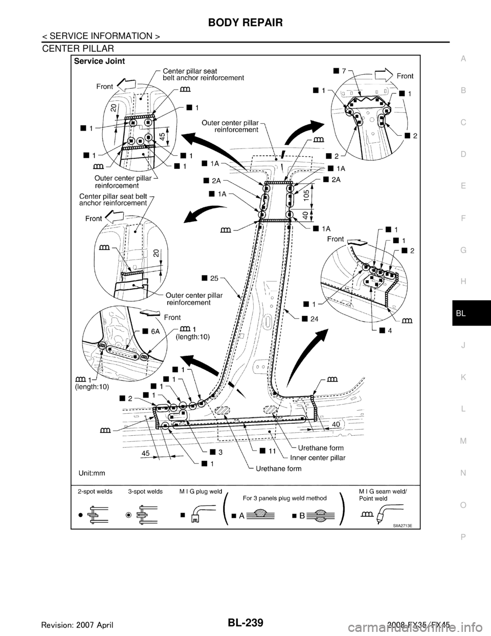 INFINITI FX35 2008  Service Manual 
BODY REPAIRBL-239
< SERVICE INFORMATION >
C
DE
F
G H
J
K L
M A
B
BL
N
O P
CENTER PILLAR
SIIA2713E
3AA93ABC3ACD3AC03ACA3AC03AC63AC53A913A773A893A873A873A8E3A773A983AC73AC93AC03AC3 
3A893A873A873A8F3A7