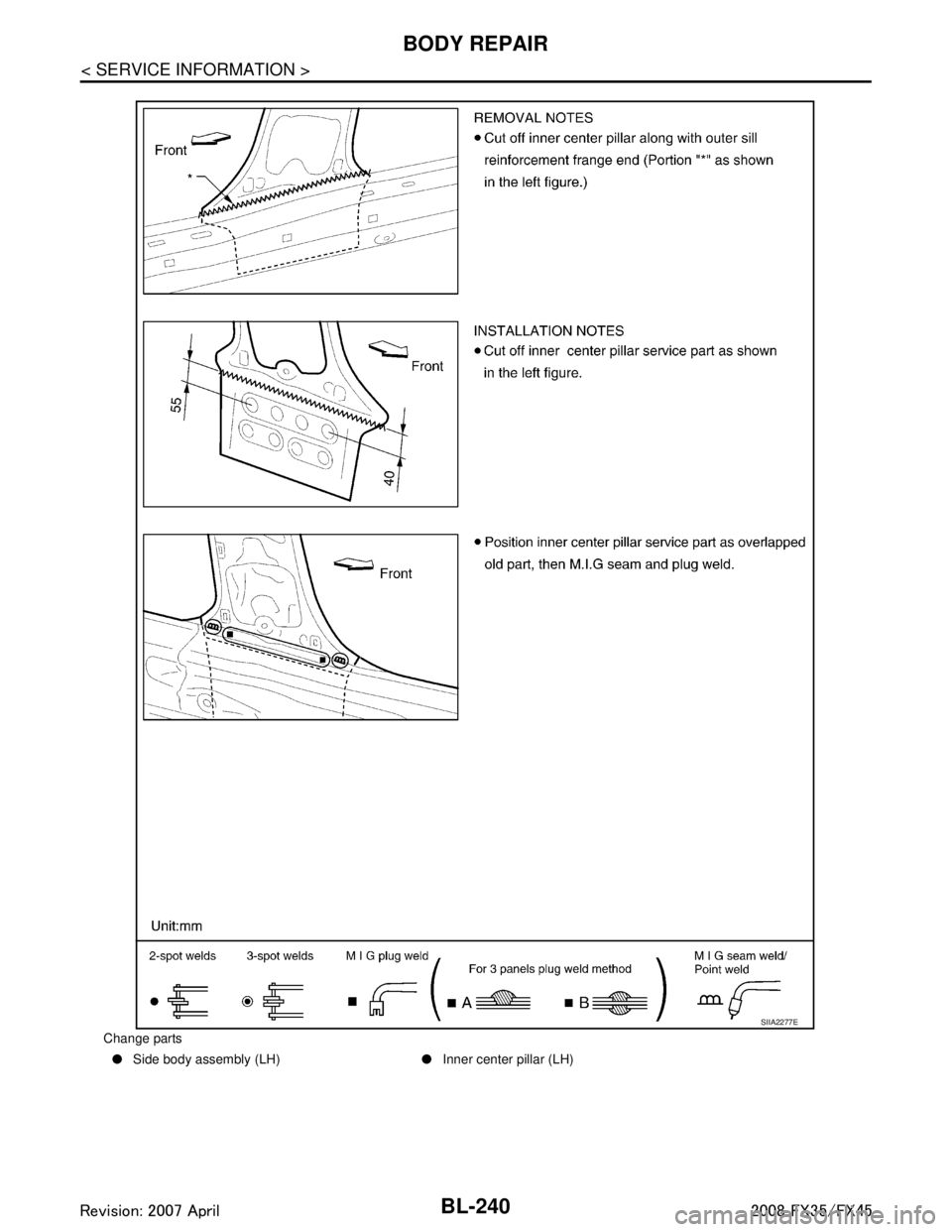 INFINITI FX35 2008  Service Manual 
BL-240
< SERVICE INFORMATION >
BODY REPAIR
Change parts● Side body assembly (LH) ●Inner center pillar (LH)
SIIA2277E
3AA93ABC3ACD3AC03ACA3AC03AC63AC53A913A773A893A873A873A8E3A773A983AC73AC93AC03A