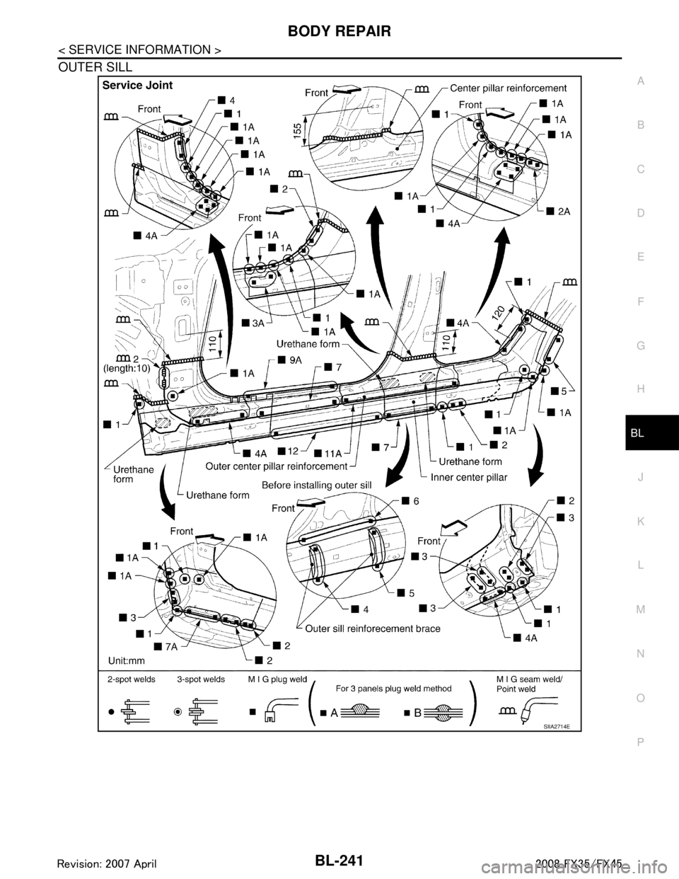 INFINITI FX35 2008  Service Manual 
BODY REPAIRBL-241
< SERVICE INFORMATION >
C
DE
F
G H
J
K L
M A
B
BL
N
O P
OUTER SILL
SIIA2714E
3AA93ABC3ACD3AC03ACA3AC03AC63AC53A913A773A893A873A873A8E3A773A983AC73AC93AC03AC3 
3A893A873A873A8F3A773A