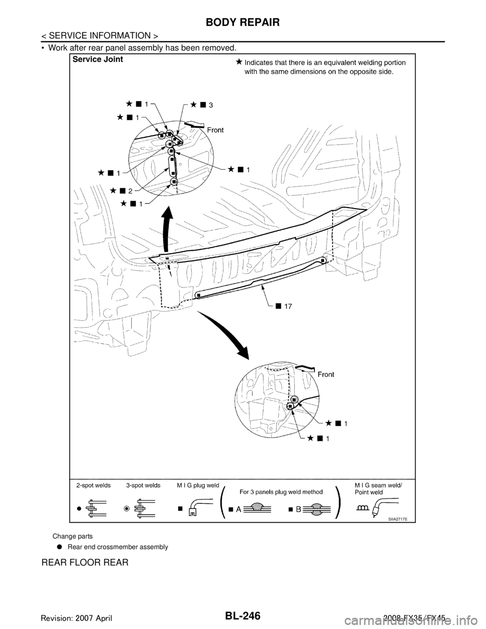 INFINITI FX35 2008  Service Manual 
BL-246
< SERVICE INFORMATION >
BODY REPAIR
 Work after rear panel assembly has been removed.
REAR FLOOR REAR
Change parts● Rear end crossmember assembly
SIIA2717E
3AA93ABC3ACD3AC03ACA3AC03AC63AC53