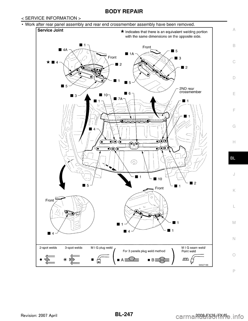 INFINITI FX35 2008  Service Manual 
BODY REPAIRBL-247
< SERVICE INFORMATION >
C
DE
F
G H
J
K L
M A
B
BL
N
O P
 Work after rear panel assembly and rear  end crossmember assembly have been removed.
SIIA2718E
3AA93ABC3ACD3AC03ACA3AC03AC6