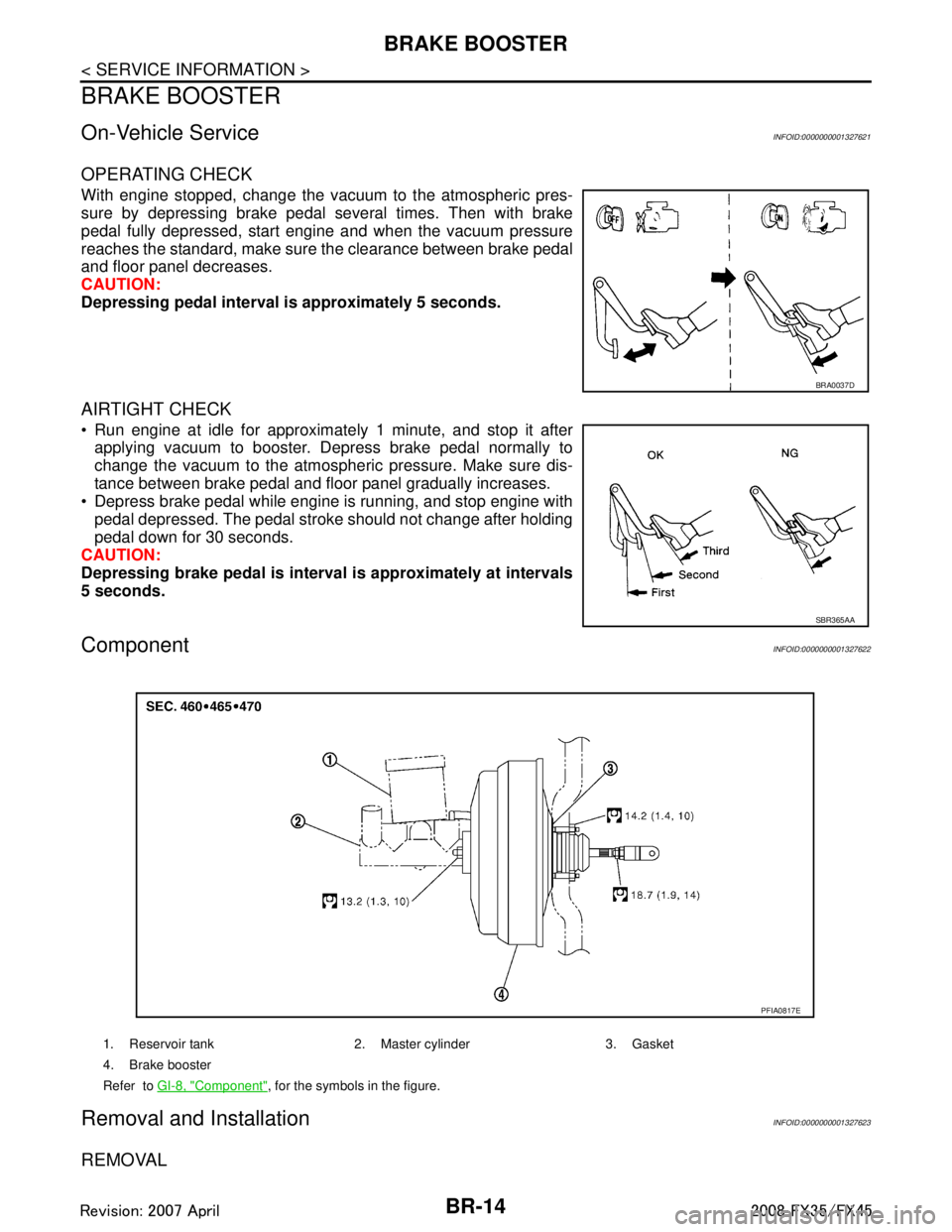 INFINITI FX35 2008 Service Manual
BR-14
< SERVICE INFORMATION >
BRAKE BOOSTER
BRAKE BOOSTER
On-Vehicle ServiceINFOID:0000000001327621
OPERATING CHECK
With engine stopped, change the vacuum to the atmospheric pres-
sure by depressing INFINITI FX35 2008 Service Manual
BR-14
< SERVICE INFORMATION >
BRAKE BOOSTER
BRAKE BOOSTER
On-Vehicle ServiceINFOID:0000000001327621
OPERATING CHECK
With engine stopped, change the vacuum to the atmospheric pres-
sure by depressing