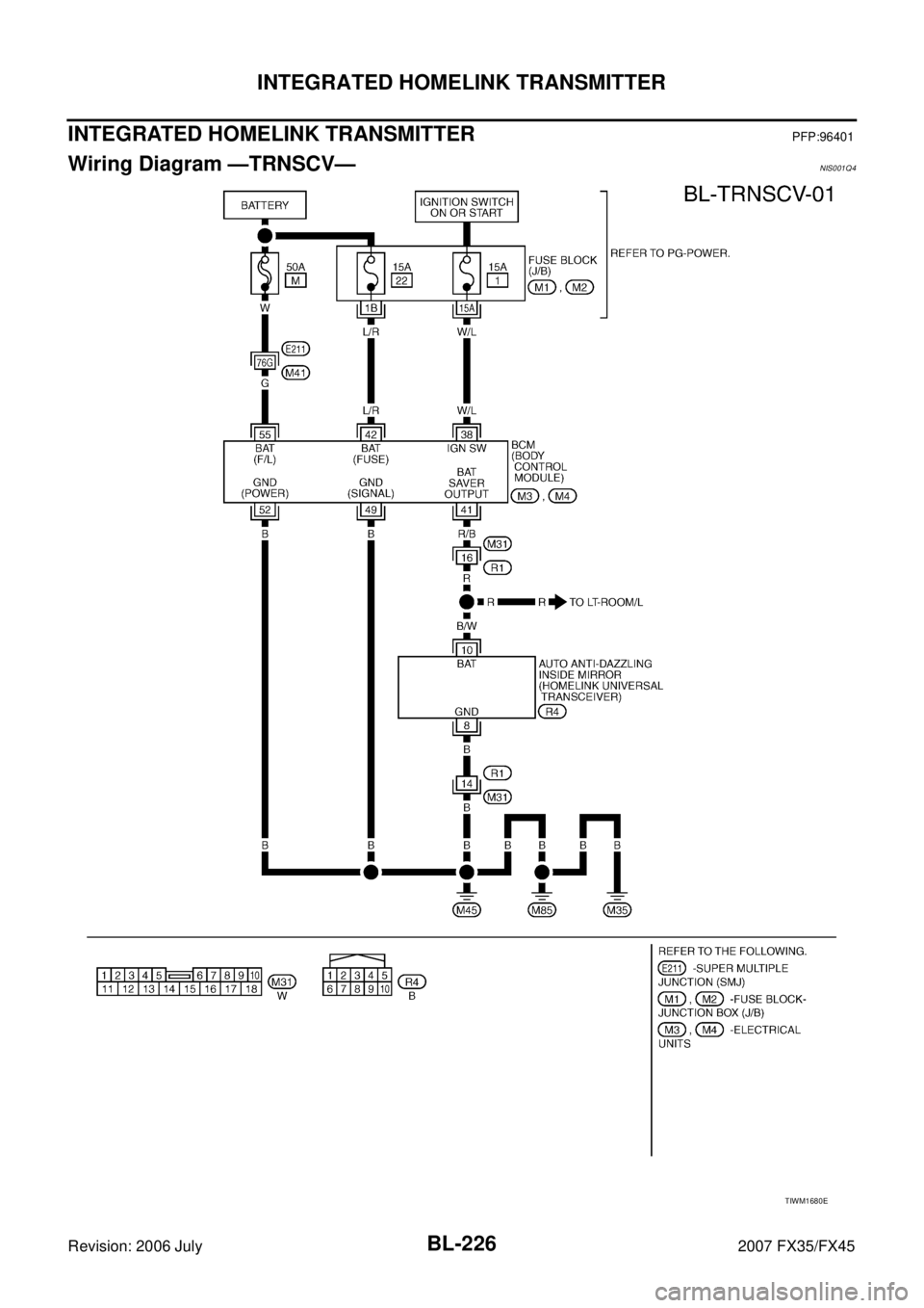 INFINITI FX35 2007  Service Manual BL-226
INTEGRATED HOMELINK TRANSMITTER
Revision: 2006 July 2007 FX35/FX45
INTEGRATED HOMELINK TRANSMITTERPFP:96401
Wiring Diagram —TRNSCV—NIS001Q4
TIWM1680E 