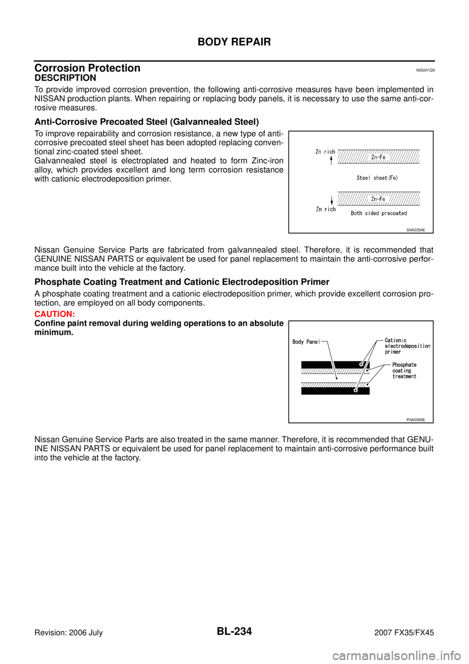 INFINITI FX35 2007  Service Manual BL-234
BODY REPAIR
Revision: 2006 July 2007 FX35/FX45
Corrosion ProtectionNIS001Q8
DESCRIPTION
To provide improved corrosion prevention, the following anti-corrosive measures have been implemented in 