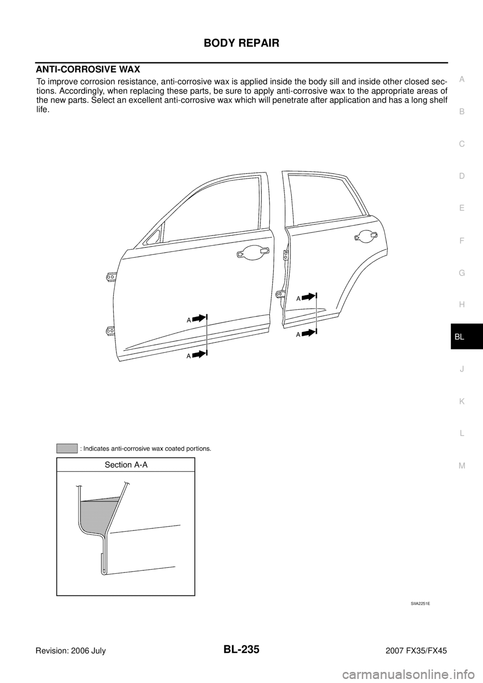 INFINITI FX35 2007  Service Manual BODY REPAIR BL-235
C 
D  E 
F 
G  H 
J 
K  L 
M  A 
B
BL 
Revision: 2006 July  2007 FX35/FX45
ANTI-CORROSIVE WAX
To improve corrosion resistance, anti-corrosive wax is applied inside the body sill and
