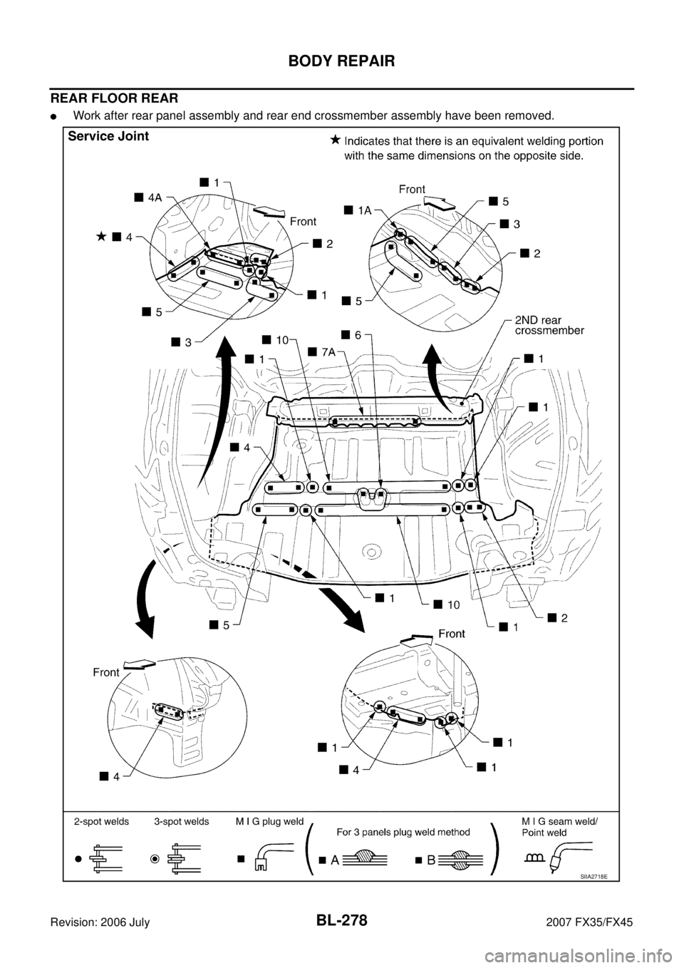INFINITI FX35 2007  Service Manual BL-278
BODY REPAIR
Revision: 2006 July 2007 FX35/FX45
REAR FLOOR REAR
Work after rear panel assembly and rear end crossmember assembly have been removed.
SIIA2718E 