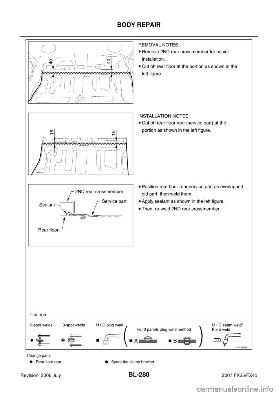 INFINITI FX35 2007  Service Manual BL-280
BODY REPAIR
Revision: 2006 July 2007 FX35/FX45
SIIA2286E
Change parts 
  Rear floor rear Spare tire clamp bracket 
