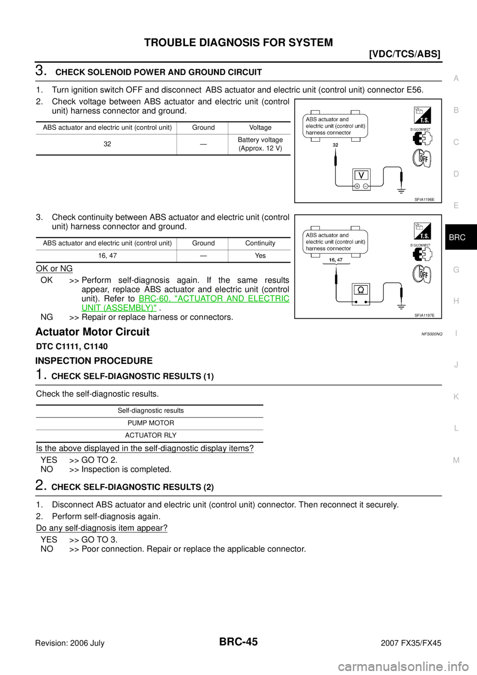 INFINITI FX35 2007  Service Manual TROUBLE DIAGNOSIS FOR SYSTEM BRC-45
[VDC/TCS/ABS]
C 
D  E 
G  H 
I 
J 
K  L 
M  A 
B
BRC 
Revision: 2006 July  2007 FX35/FX45
3. CHECK SOLENOID POWER AND GROUND CIRCUIT 
1. Turn ignition switch OFF an