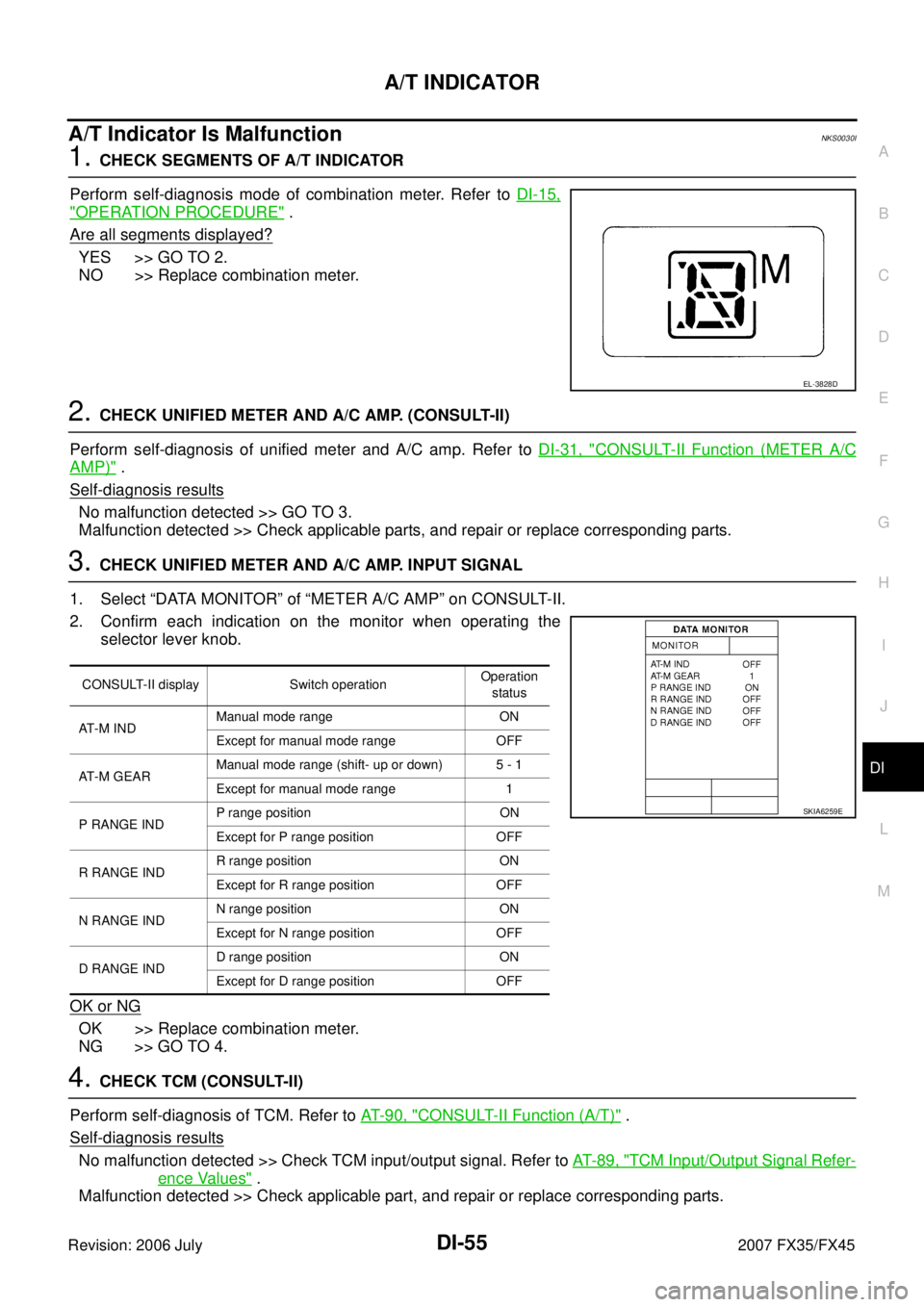 INFINITI FX35 2007 Workshop Manual A/T INDICATOR DI-55
C 
D  E 
F 
G  H 
I 
J 
L 
M  A 
B
DI 
Revision: 2006 July  2007 FX35/FX45
A/T Indicator Is MalfunctionNKS0030I
1. CHECK SEGMENTS OF A/T INDICATOR 
Perform self-diagnosis mode of c