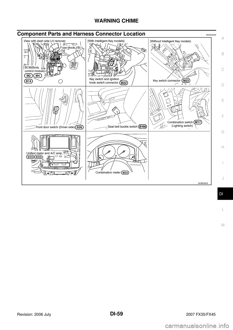 INFINITI FX35 2007  Service Manual WARNING CHIME DI-59
C 
D  E 
F 
G  H 
I 
J 
L 
M  A 
B
DI 
Revision: 2006 July  2007 FX35/FX45
Component Parts and Harness Connector LocationNKS0030M
SKIB8485E 